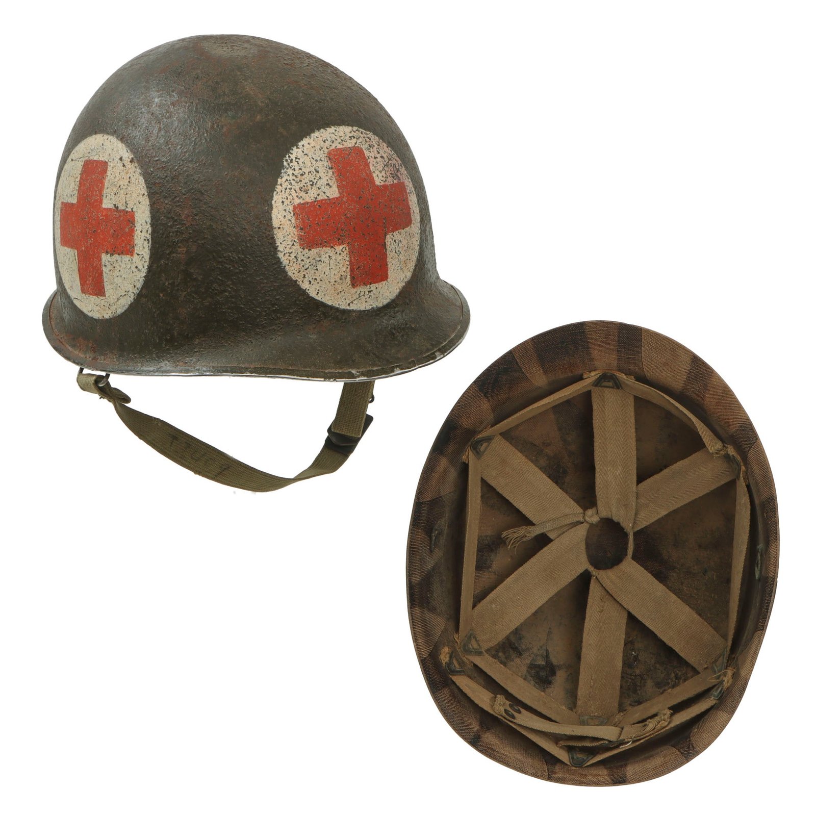 Original U.S. WWII Front Seam Swivel Bale M1 Helmet with CAPAC Liner - Replicated 4-Panel Medic Paint