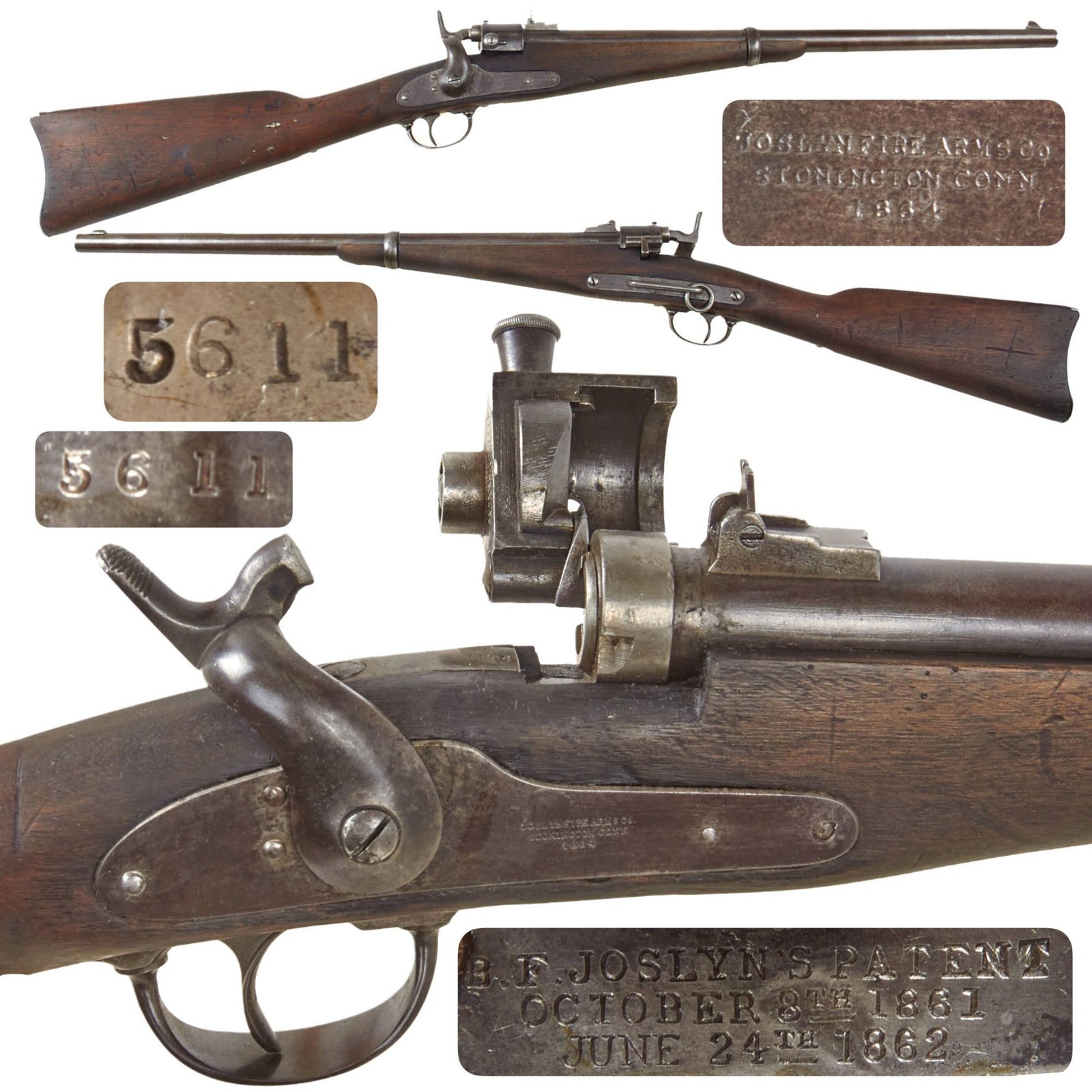 Original U.S. Civil War Joslyn Firearms Co. M1864 Saddle Ring Carbine Serial 5611 with Excellent Bore and Repaired Stock - dated 1864