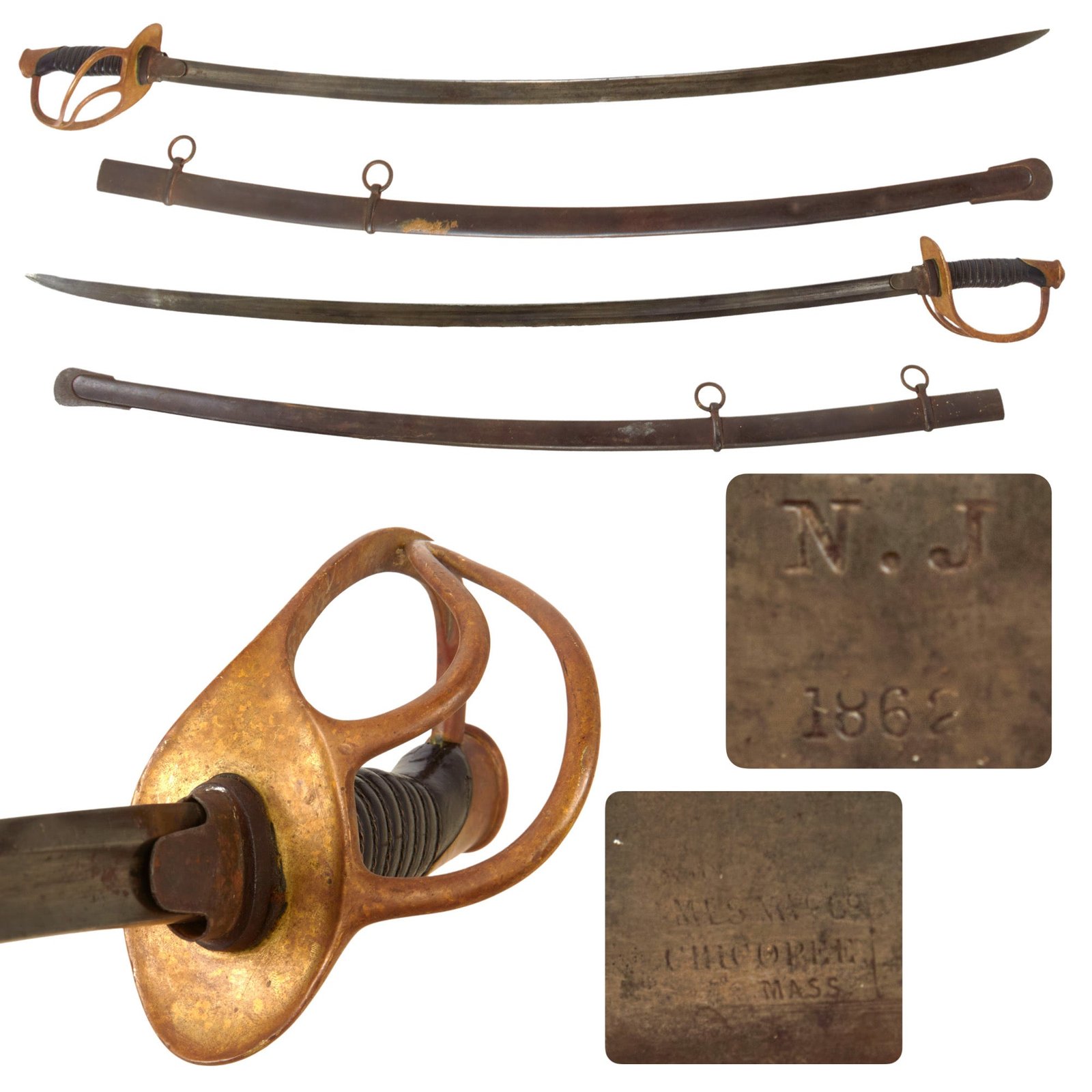 Original U.S. Civil War New Jersey Model 1860 Light Cavalry Saber with Scabbard by Ames of Chicopee, Mass. - Dated 1862 - Broken Scabbard Throat