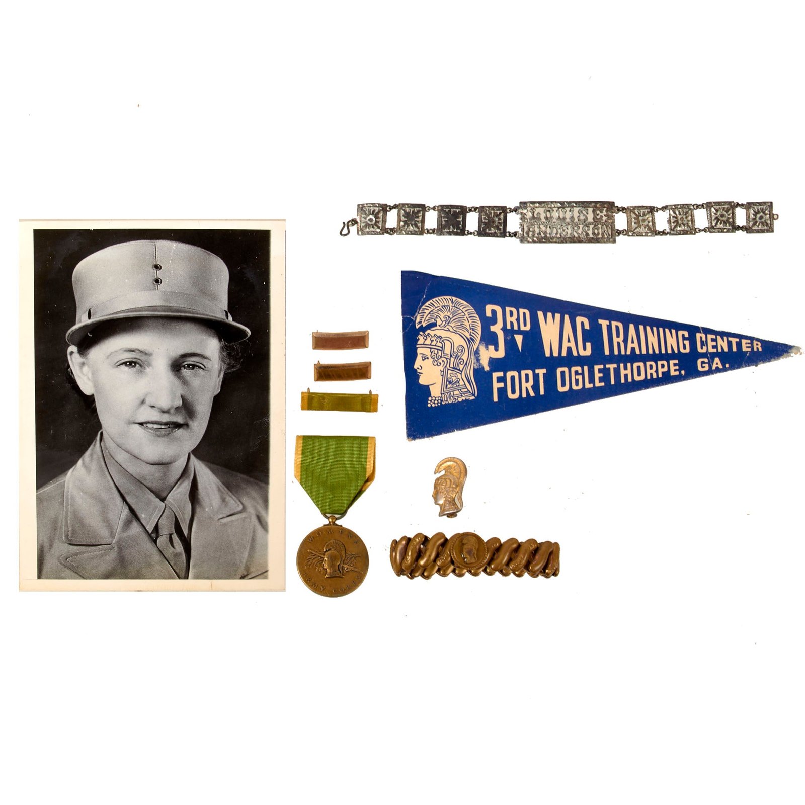 Original U.S. WWII WAC ID Bracelet & Medal Grouping of Captain Louise Anderson - Only Woman Present at Conference Between Churchill & Roosevelt in Morocco