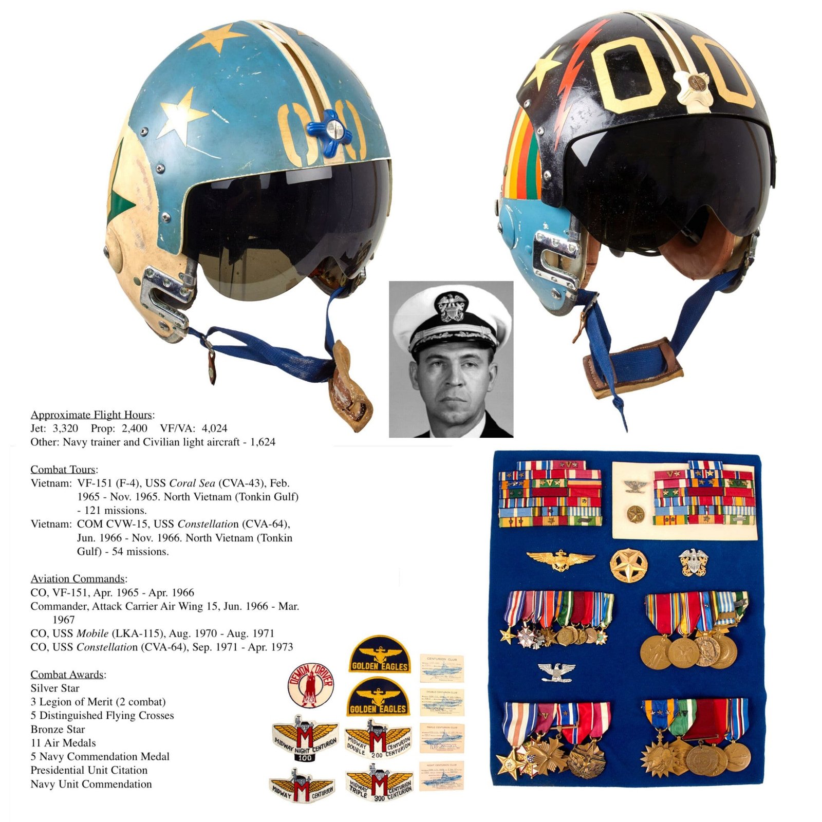 Original U.S. Vietnam War USN Two Decorated APH-5 Flight Helmets & Medal Board Group of Navy Captain D. Jake Ward - Commander of USS Constellation & Competitor for Project Mercury