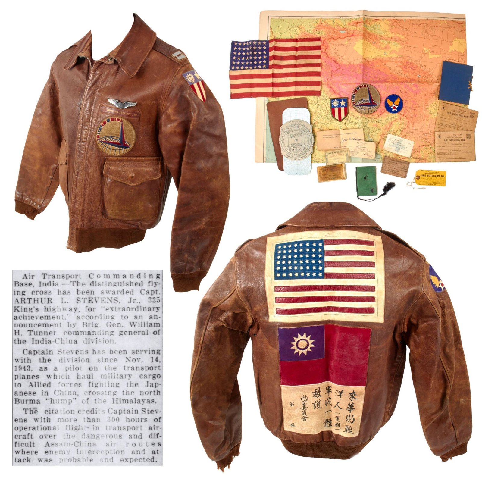 Original U.S. WWII CBI C-46 C-47 B-25 Pilot Distinguished Flying Cross Recipient Captain Arthur Leigh Stevens’ A2 Flight Jacket with Blood-Chit & Theater-Made Leather Patches - Named “Dead Reckoning” Flight Calculator & Ephemera