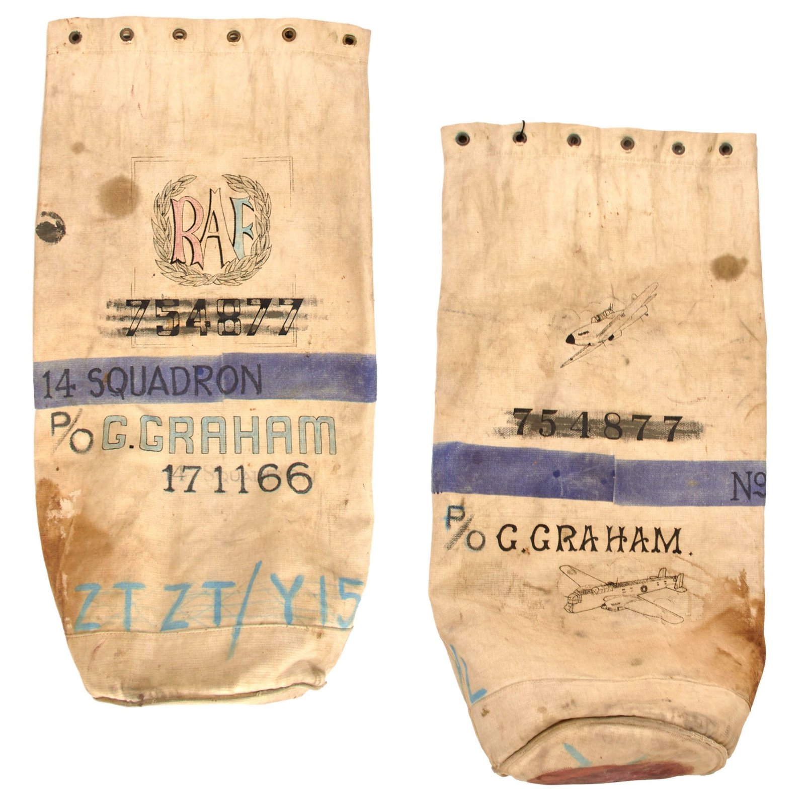 Original British WWII No. 14 Squadron Distinguished Flying Medal Recipient Flight Lieutenant George Gilbert Graham’s Decorated Duffel Bag - Shot Down Me 323