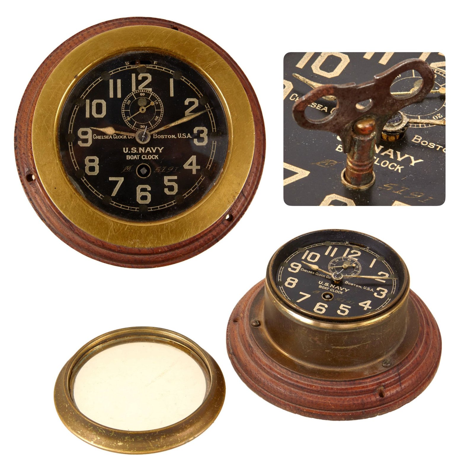 Original U.S. WWI Scarce Navy Boat Clock by Chelsea Clock Company with Key - Serial No. 5191 - Needs Work