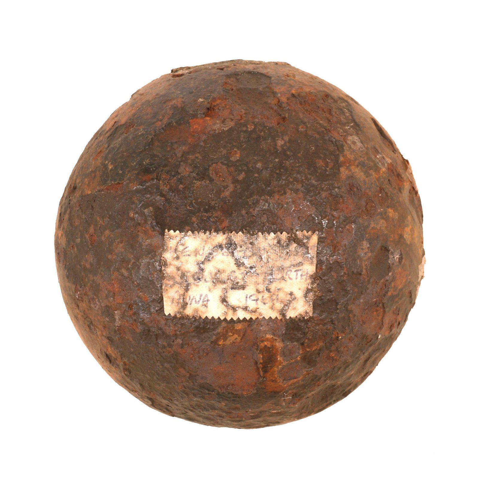 Buy Original U.S. Civil War Confederate States Bormann "Replacement" Fused Iron Side Loader 12lb Cannon Ball with Worn Provenance Tag | Original Firearms Antique For Sale