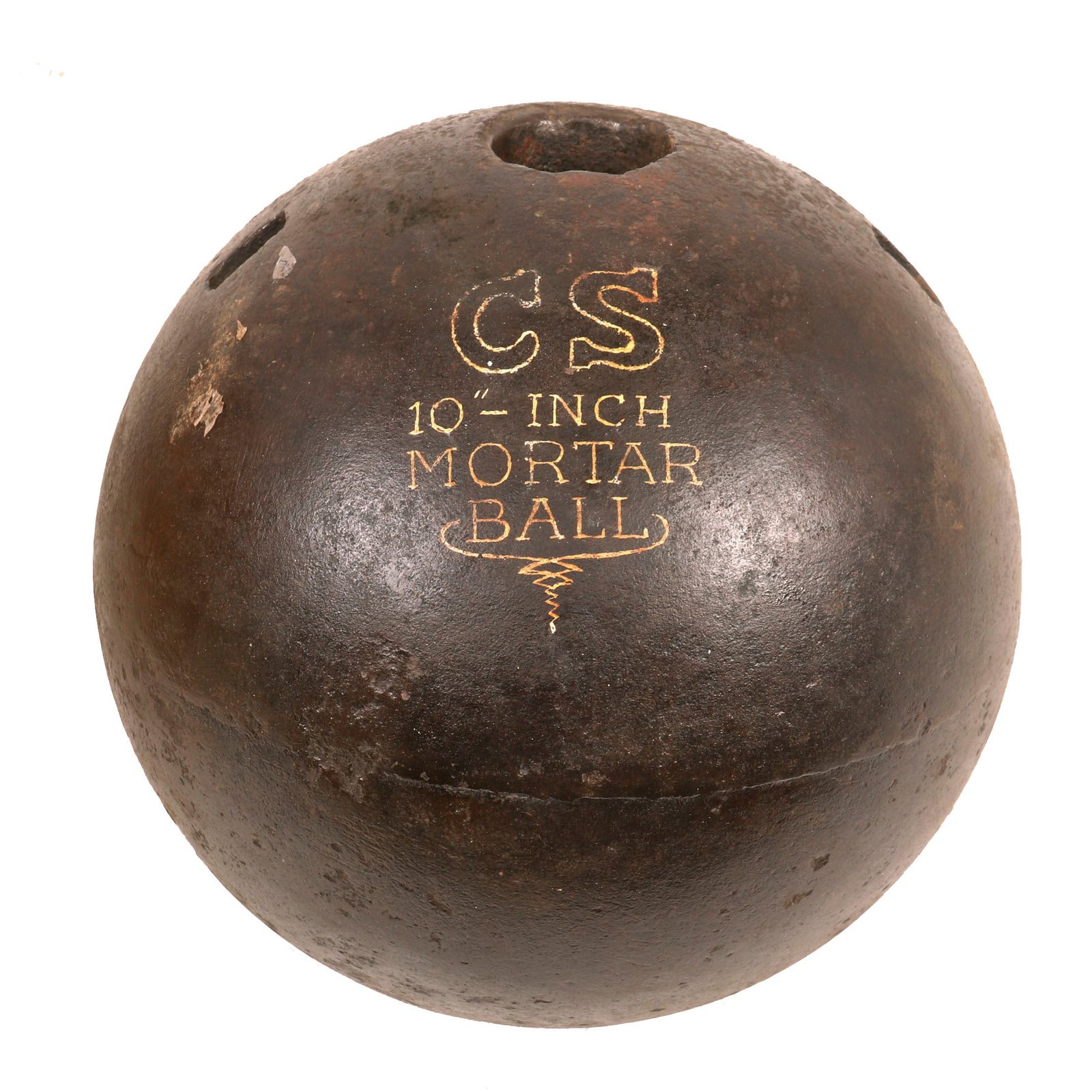 Buy Original U.S. Civil War Confederate Enormous Spherical 10 Inch Mortar Shell with Inscription & Tong Ears | Original Firearms Antique For Sale
