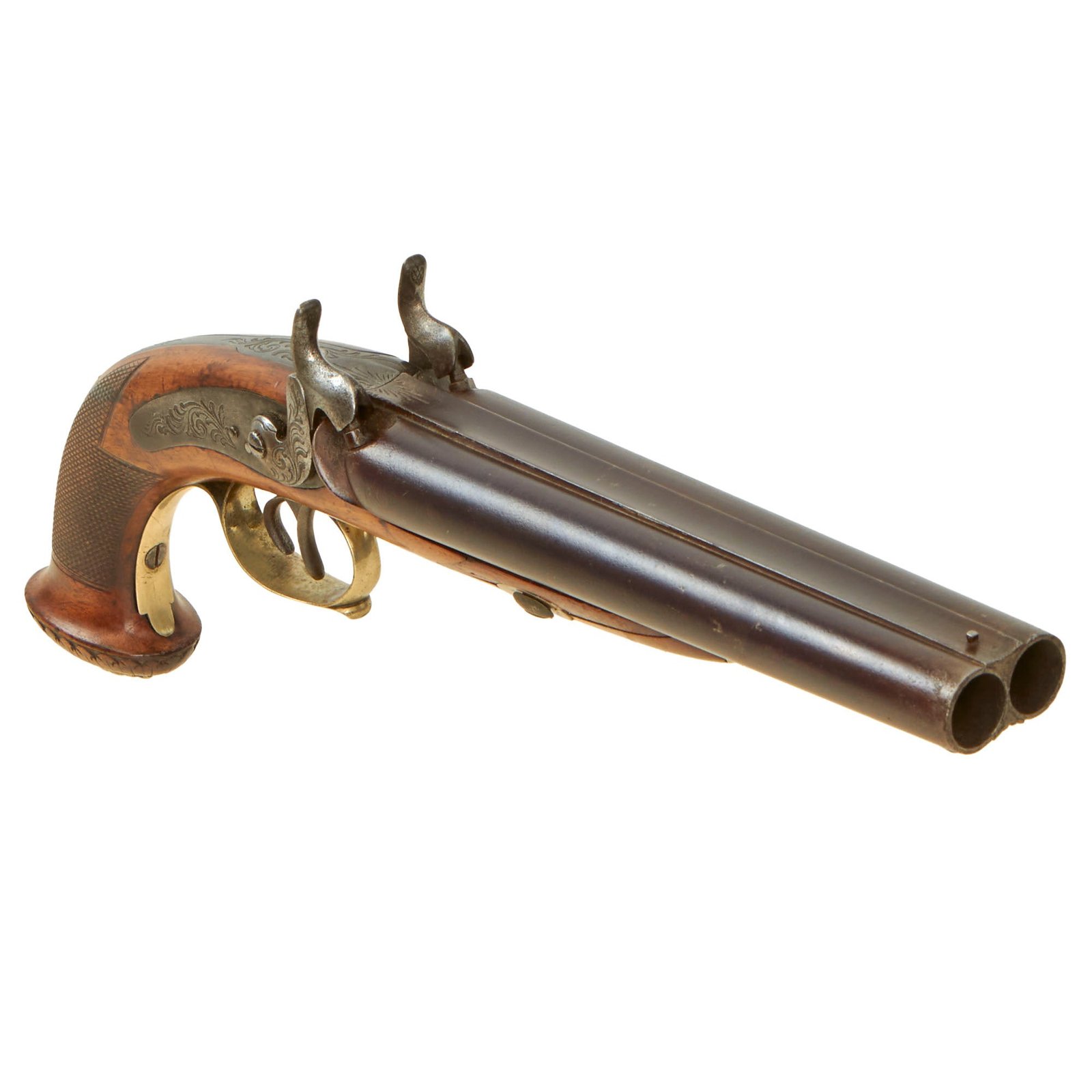 Buy Original Belgian Silver Mounted Double Barrel 14 Bore French Style Percussion Pistol - circa 1840 | Original Firearms Antique For Sale