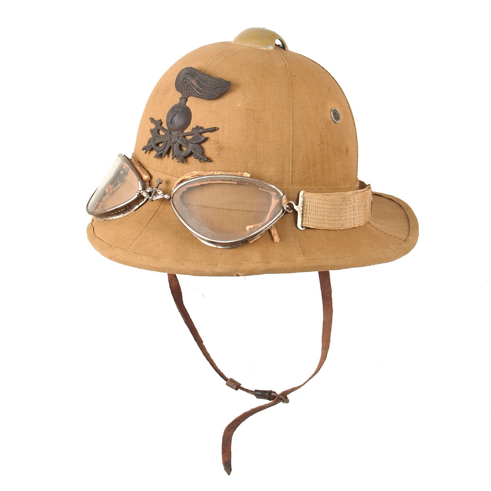 Buy Original Italian WWII North African Campaign 7th Engineer Regiment M1928 Tropical Sun Pith Helmet with Named Goggles - Size 56 | Original Firearms Antique For Sale