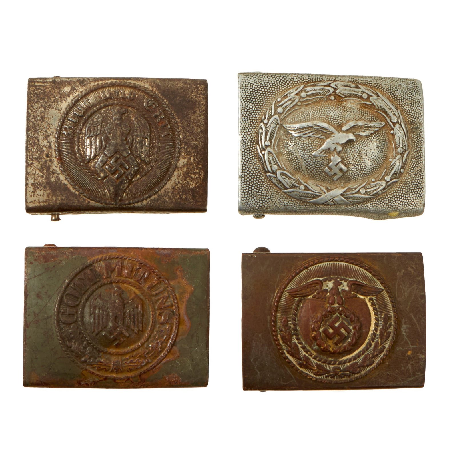 Buy Original German WWII Set of Four Service Used Belt Buckles - Aluminum Luftwaffe, Steel Coastal Artillery, Brass SA, and Steel HJ | Original Firearms Antique For Sale