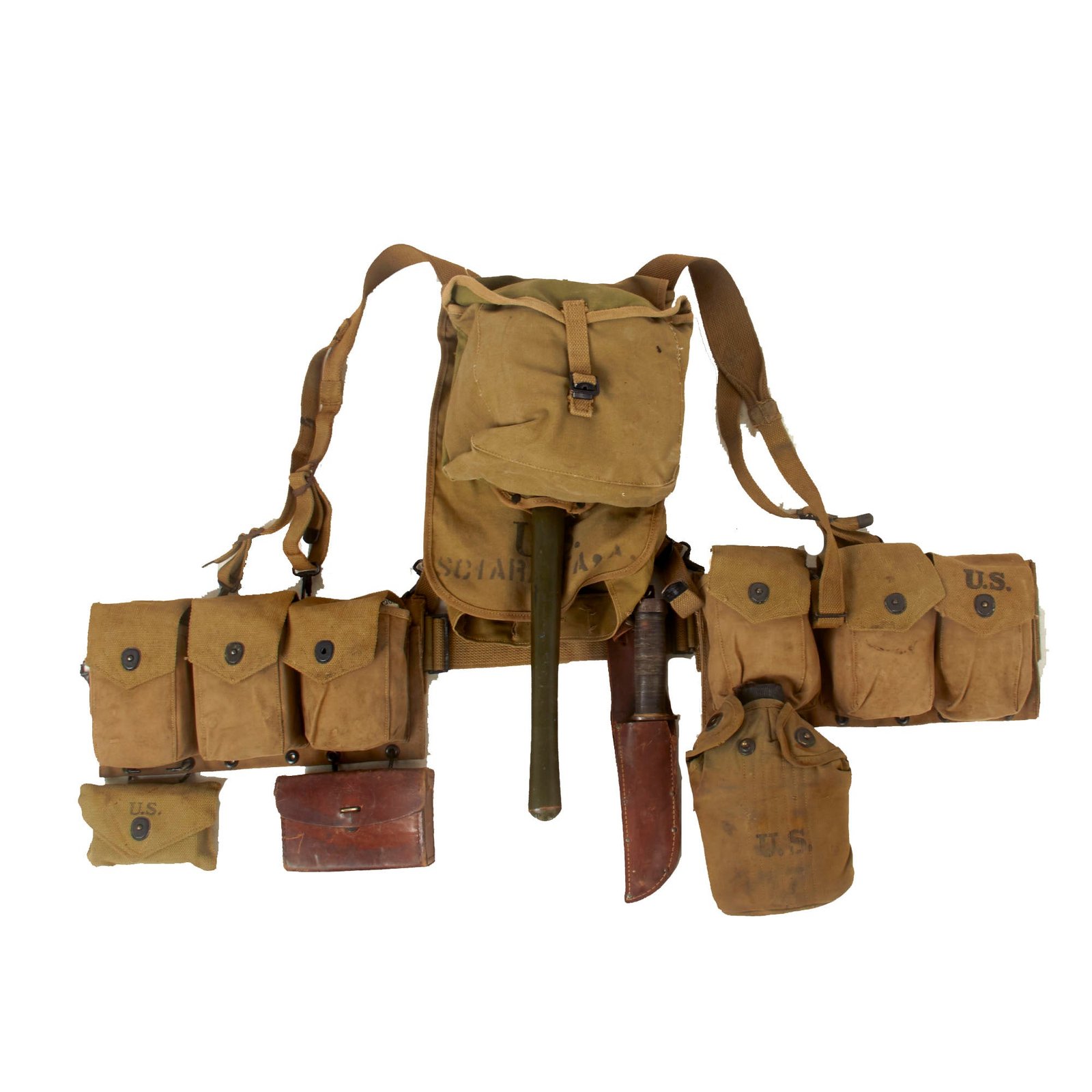 Buy Original U.S. WWII BAR Gunner’s M1928 Field Pack Haversack Grouping With M1918 BAR M1942 Ammunition Belt Rig & Magazines - Featuring Cattaraugus 225Q “Commando” Fighting Knife and First Aid Pouch With Carlisle Bandage | Original Firearms Antique For Sale