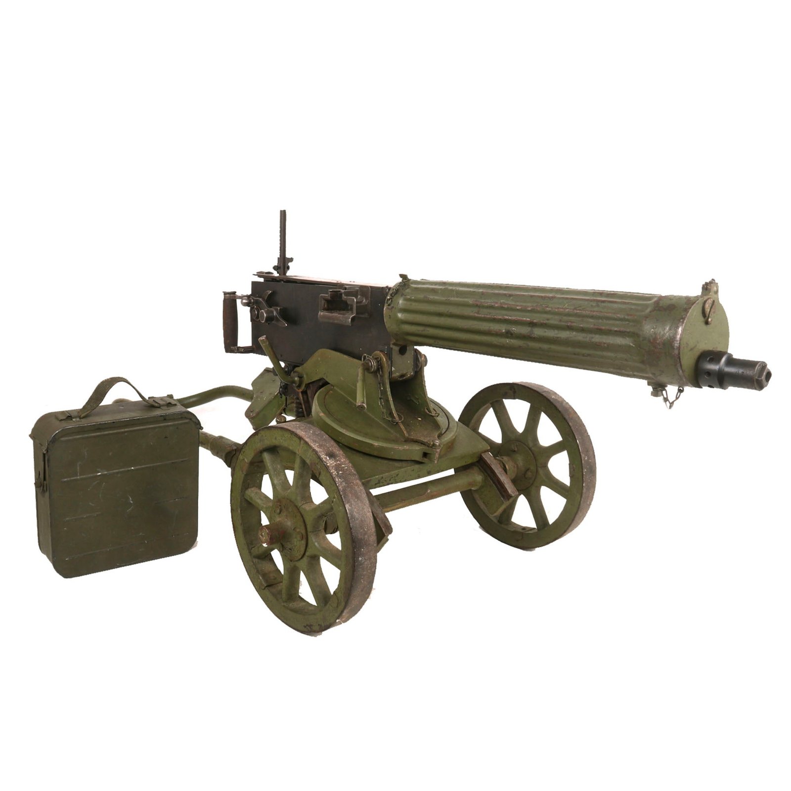 Buy Original Soviet WWII 1932 Dated Maxim M1910 Fluted Display Machine Gun with 1916 Dated Imperial Russian Fusee Cover, Sokolov Mount & Ammo Box | Original Firearms Antique For Sale