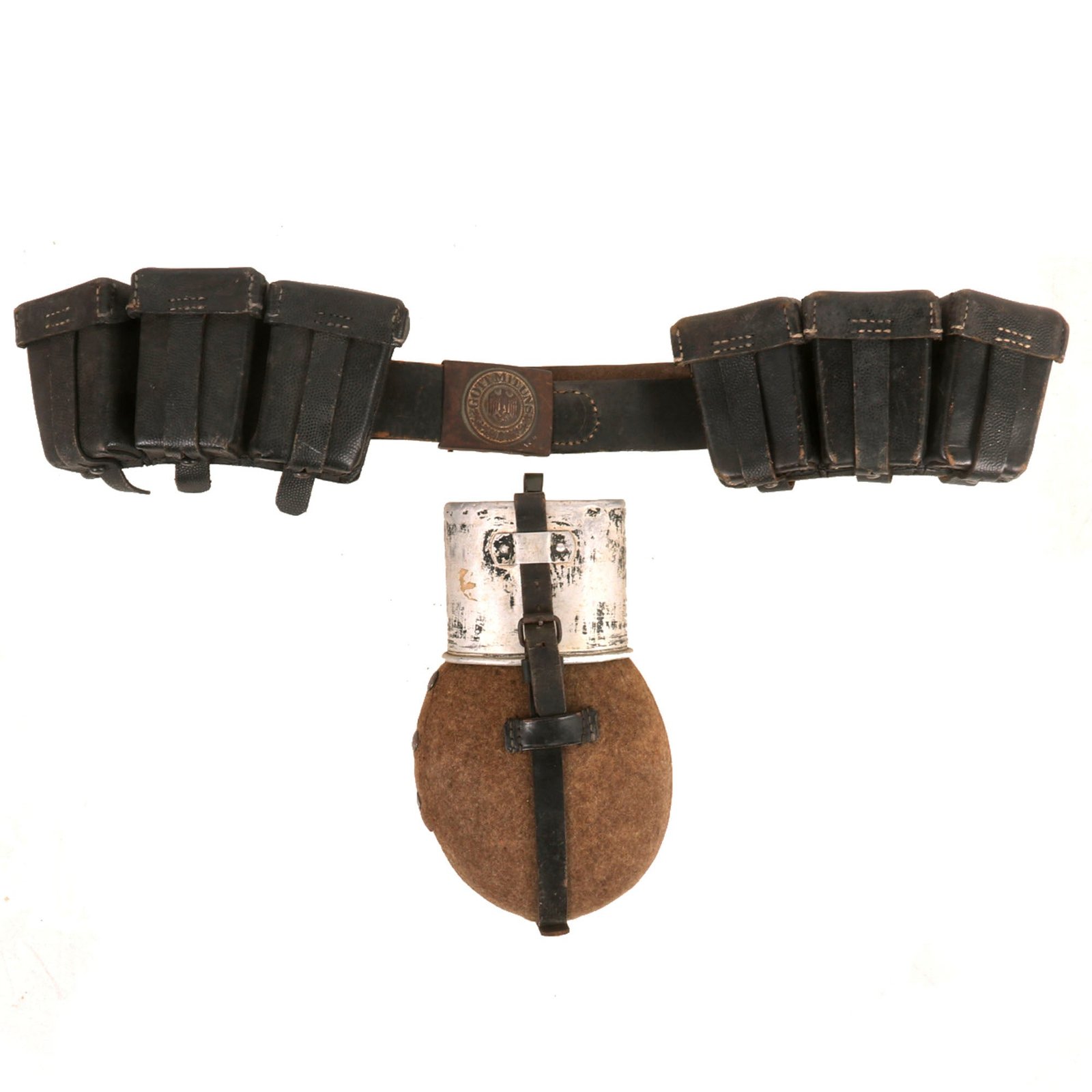 Buy Original German WWII Heer Army EM/NCO Belt with Steel Buckle by E. Schneider, Two K98 Pouches, and M31 Aluminum Canteen | Original Firearms Antique For Sale