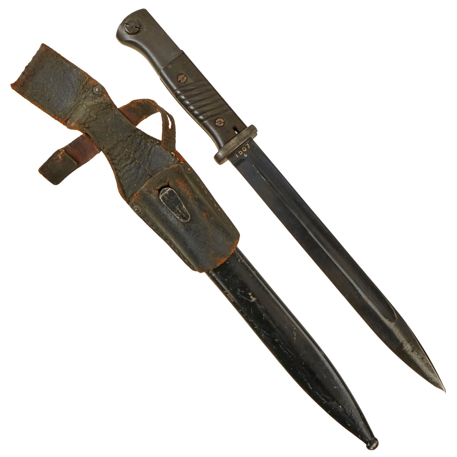 Buy Original German WWII 1935 Dated 98k Bayonet by E. & F. Hörster with Later Scabbard and Leather Frog | Original Firearms Antique For Sale