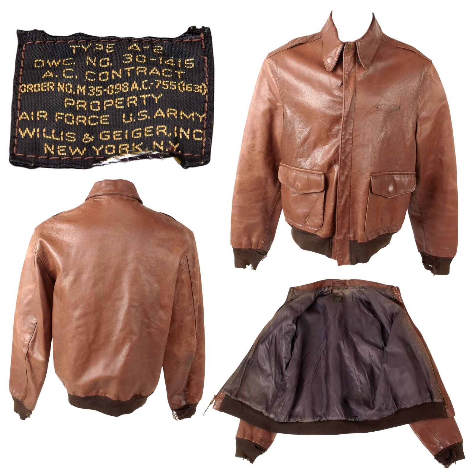 Buy Original U.S. WWII Army Air Forces Type A2 Leather Flight Jacket by Willis & Geiger with Replaced Lining & Damage | Original Firearms Antique For Sale