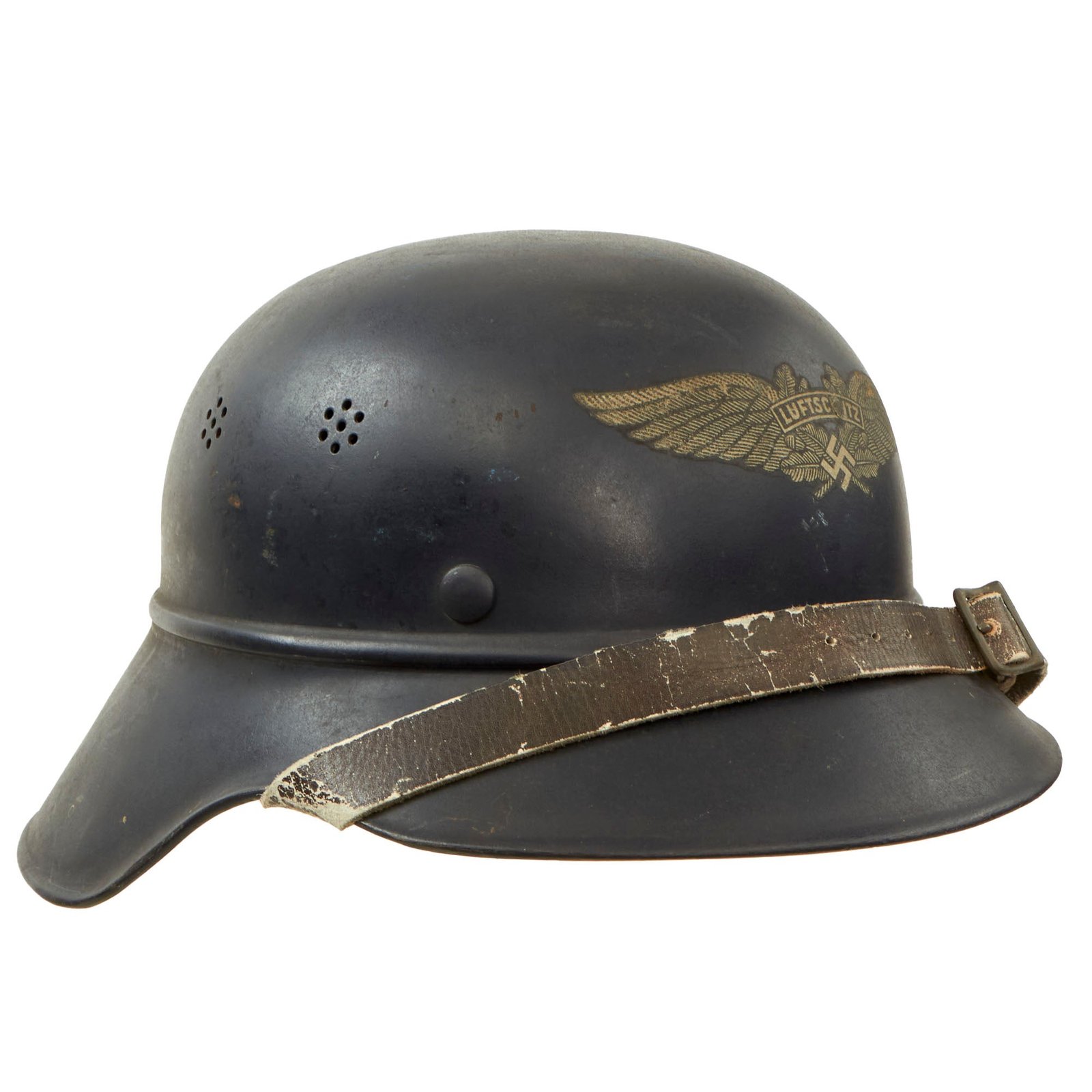 Buy Original German WWII M38 Luftschutz Beaded Gladiator Air Defense Helmet with Single Piece Shell, 56cm Damaged Liner, and Chinstrap | Original Firearms Antique For Sale