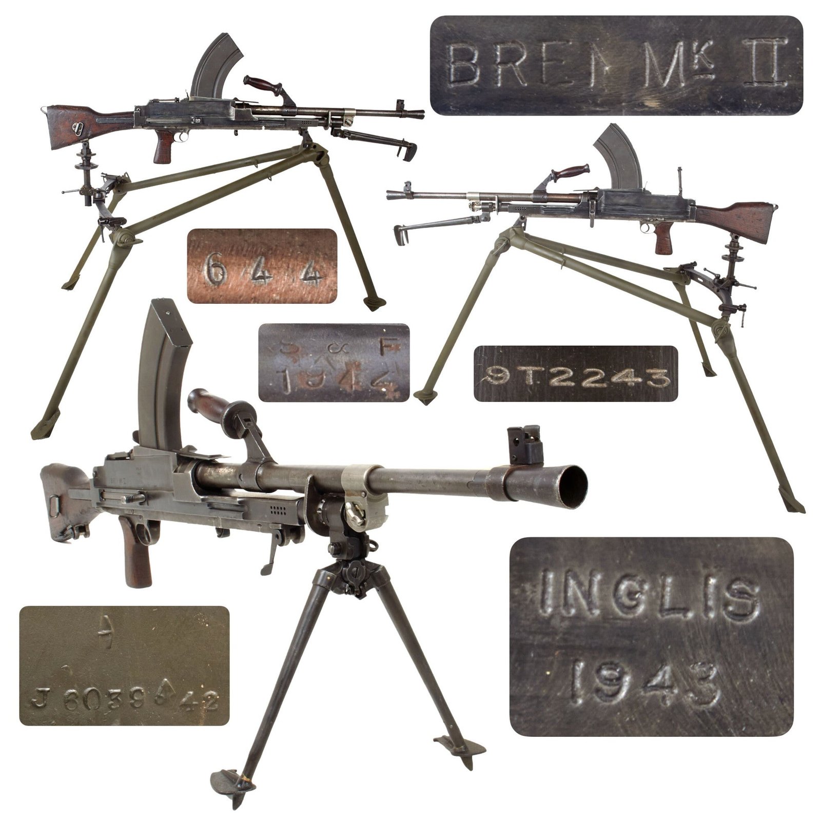 Original British WWII 1943 Dated Bren MkII Display Light Machine Gun by INGLIS Serial 9T2243 with Live Barrel, 1942 Dated MkII Tripod, and Magazine