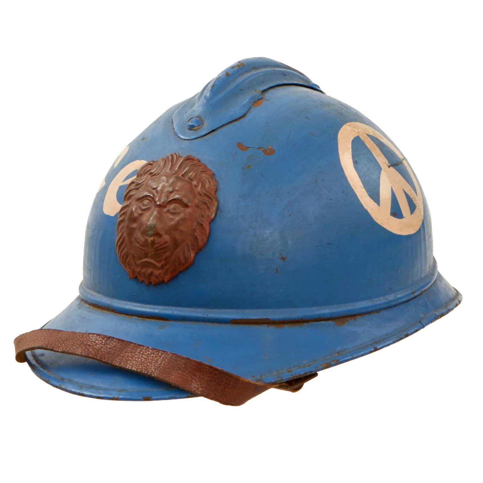Buy Original Belgian WWI Issue French Model 1915 Adrian Helmet with Lion Head Badge Painted for French Peace Protest in 1974 with Inscriptions | Original Firearms Antique For Sale