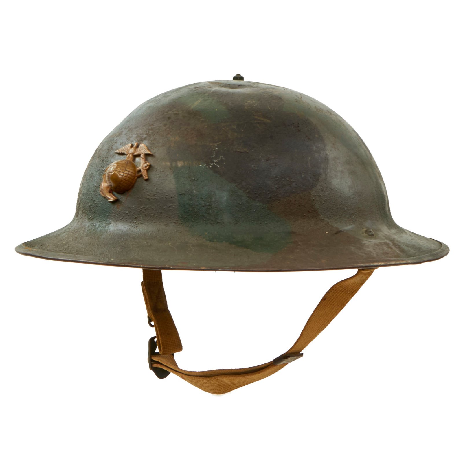 Original U.S. Marine Corps WWII USMC M1917A1 Kelly Helmet With Camouflage Paint- As Used During The Battle of Wake Island