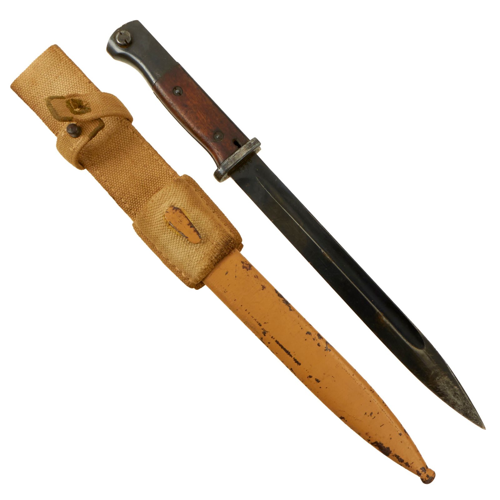 Buy Original German WWII 98k Bayonet by Elite-Diamant with DAK Tropical Painted Scabbard & Web Frog - Dated 1935 | Original Firearms Antique For Sale