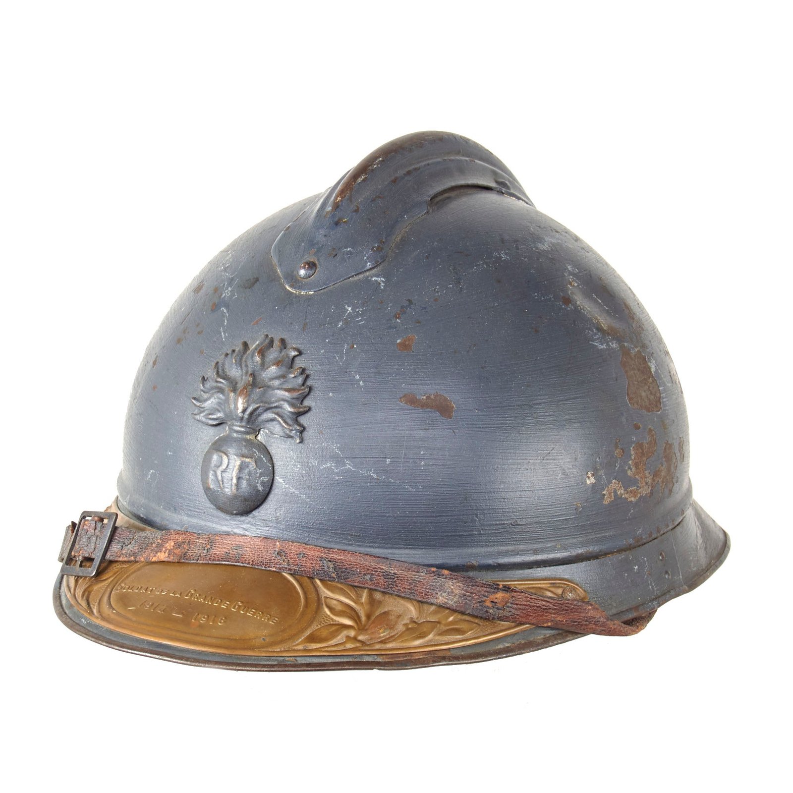 Original French WWI Complete M1915 Adrian Infantry Helmet with Soldat De La Grande Guerre 1914-1918 Brass Plate