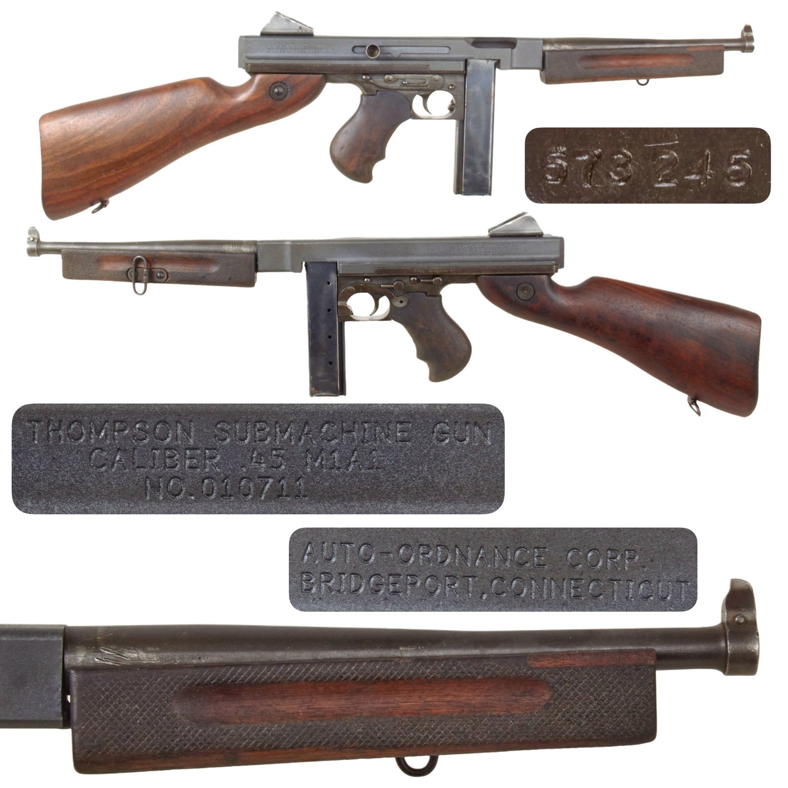 Original U.S. WWII Thompson M1A1 Display Submachine Gun Serial 573245 with Live Barrel, British Fore Stock, and Magazine