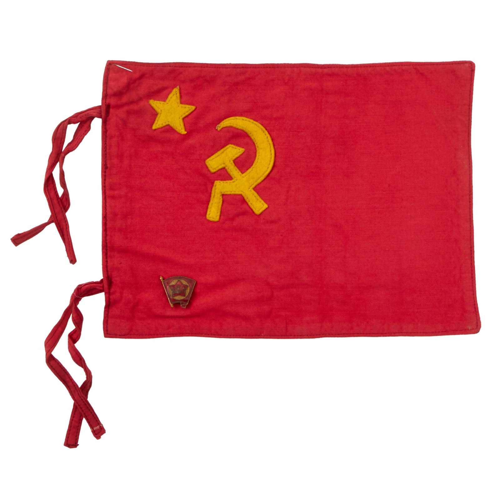 Buy Original Soviet Post-WWII Small Handmade Soviet Flag with Pin & Provenance Note - Lt. Colonel Russell LeRoy Carleton - 6¼ x 8½” | Original Firearms Antique For Sale