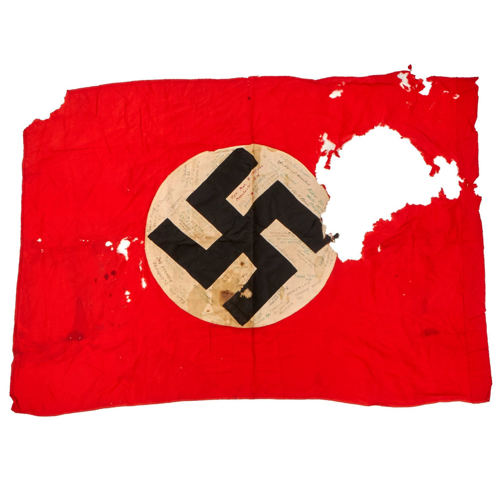 Original German WWII U.S. 30th Infantry Division Captured Flag with 42 Signatures Including USO Performer Jessica Lee with Patch & Collar Disc - 29½ x 42”