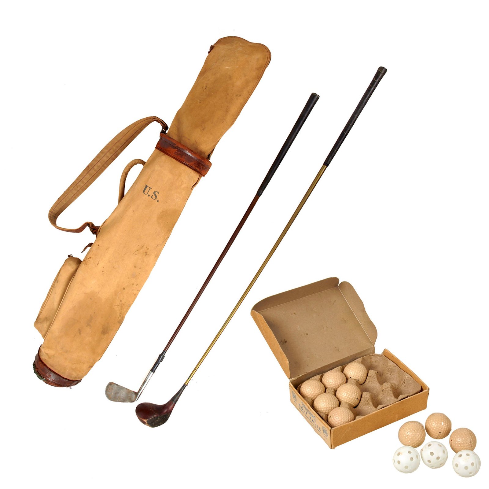 Original U.S. WWII - Korean War Army Special Services Golf Club Bag with 10 Clubs & Box of Special Services Golf Balls