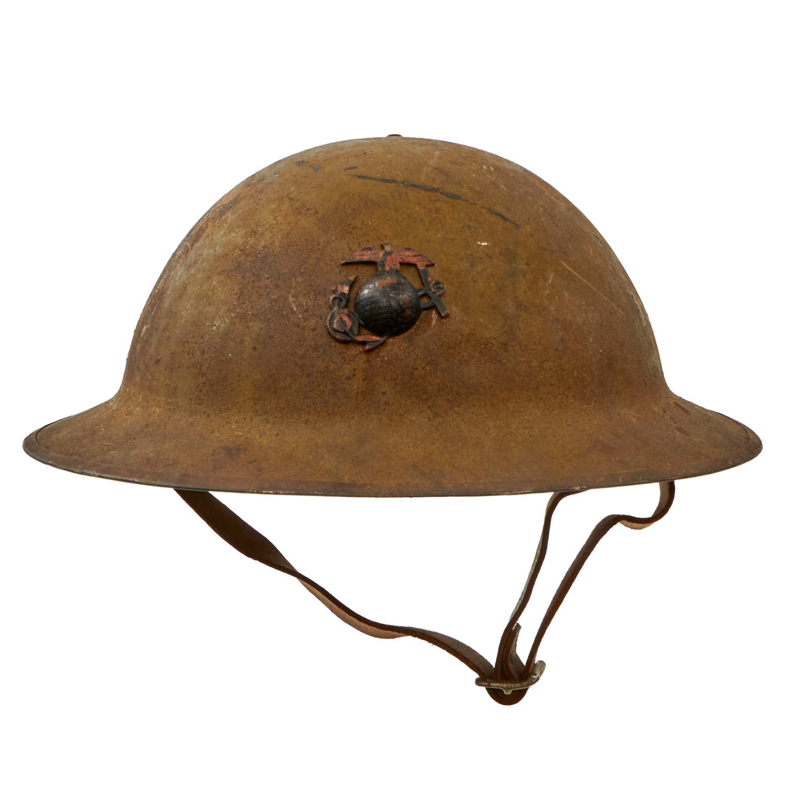Original U.S. WWI Marine Corps British-Made Mk. I Helmet with EGA Device & Full Liner and Chinstrap