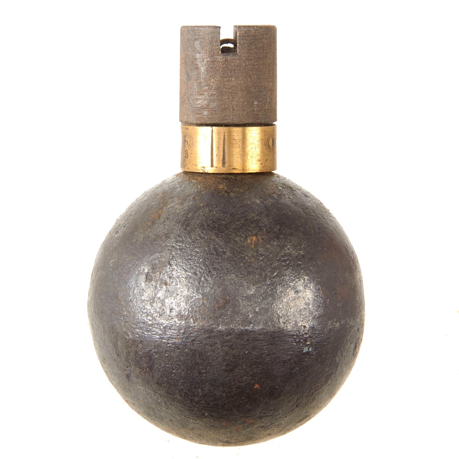 Original French WWI Model 1914 Bracelet Ball Hand Grenade with Fuse & Pull Ring Housing - Inert
