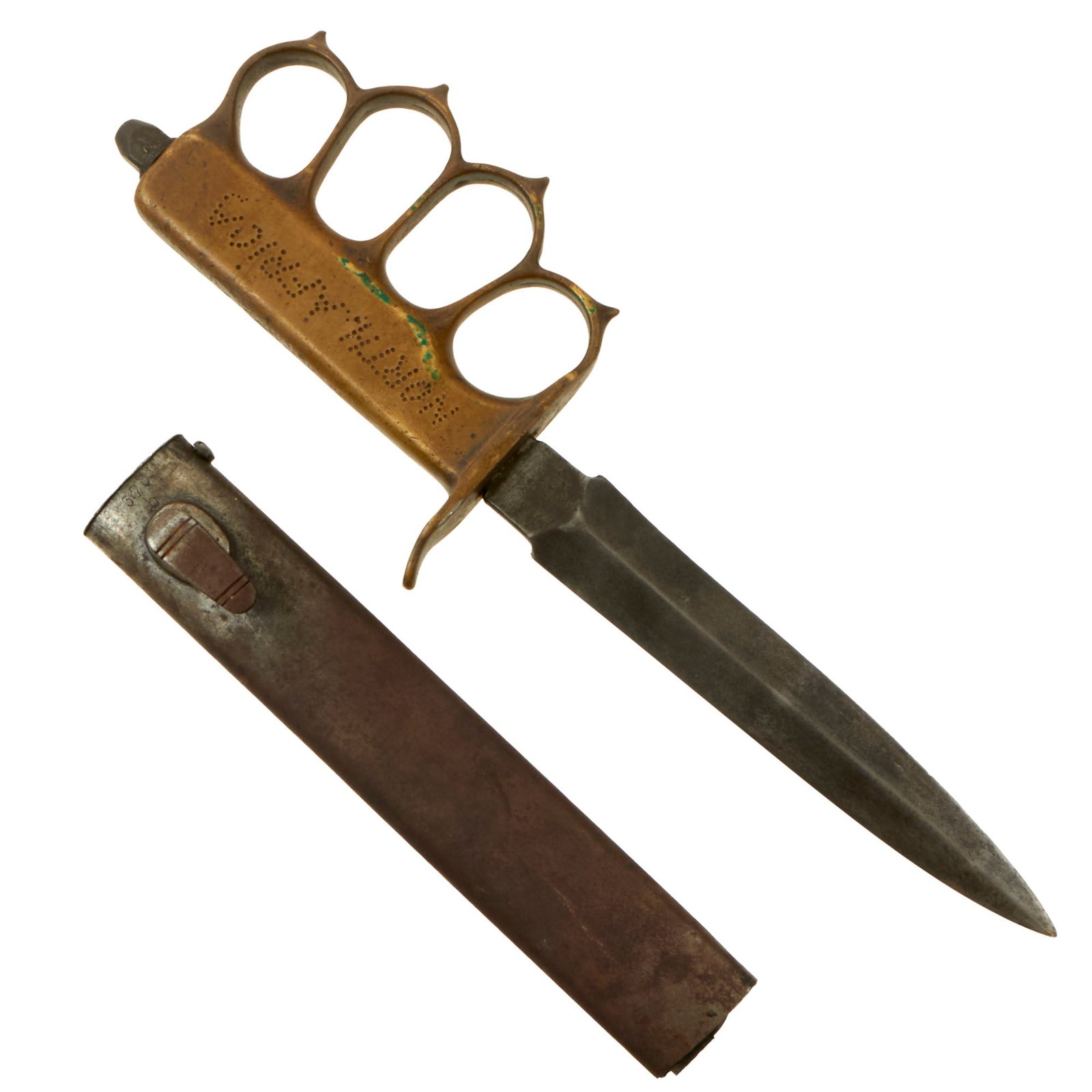 Buy Original U.S. WWI WWII “North Africa” Model 1918 Mark I Trench Knife by L. F. & C. with Au Lion Blade & Captured & Cut-Down German K98 Bayonet Scabbard | Original Firearms Antique For Sale