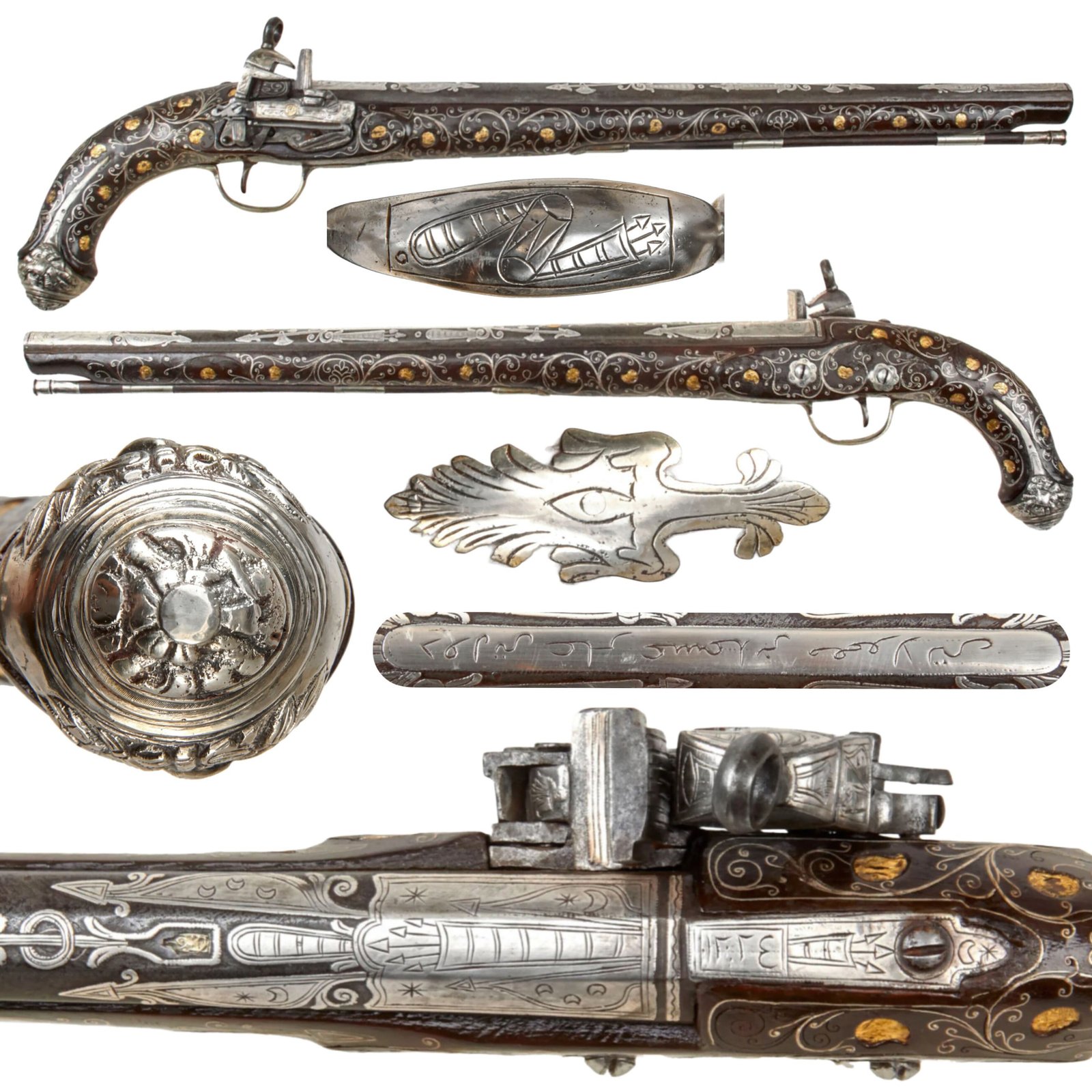 Original 18th Century Ottoman Empire Ornate Silver Mounted Miquelet Lock Long Holster Pistol with Silver and Gold Inlays - Circa 1780