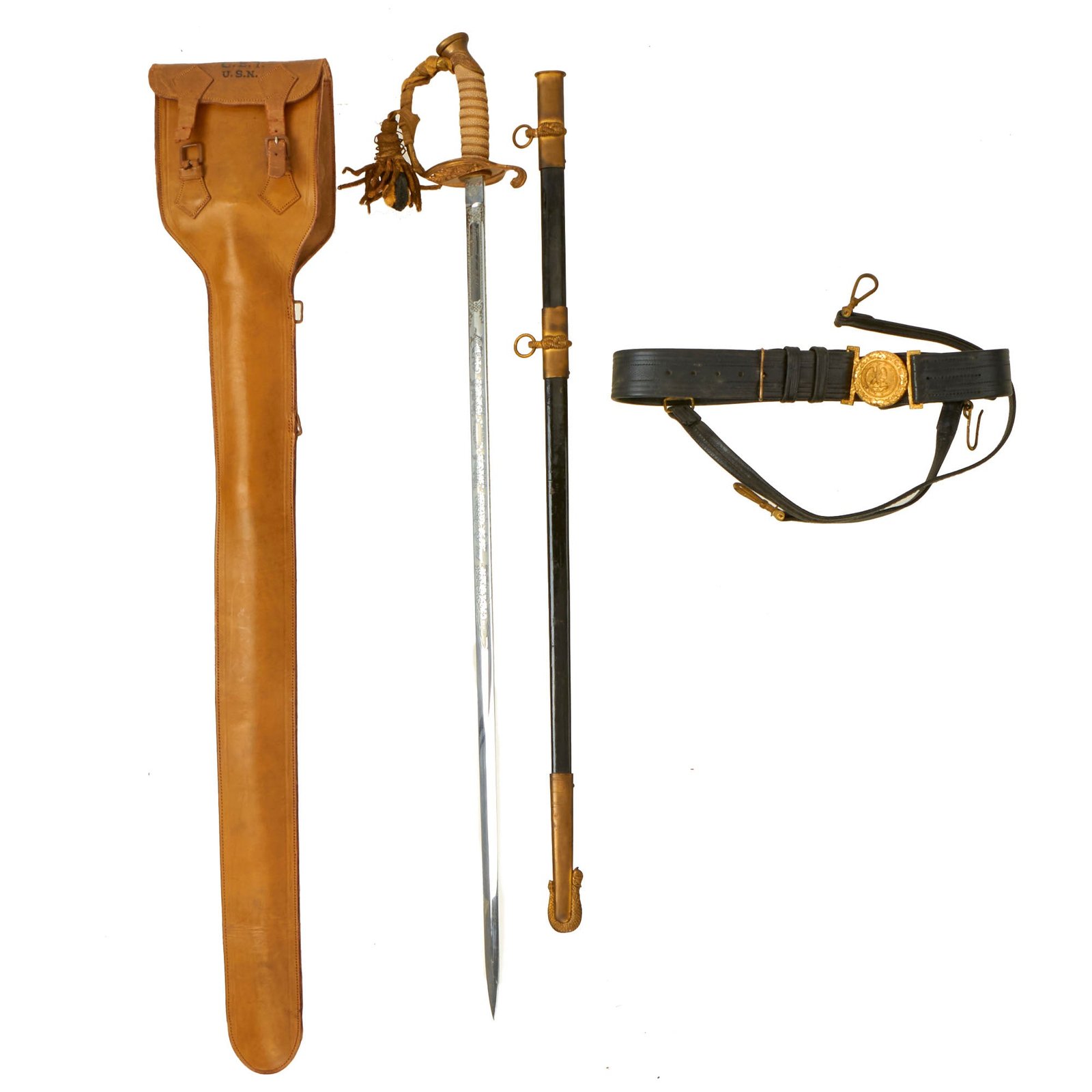Buy Original U.S. WWII Era Japanese-Made Model 1852 Navy Officer’s Sword with Scabbard & Belt in Case - Raymond L. White | Original Firearms Antique For Sale