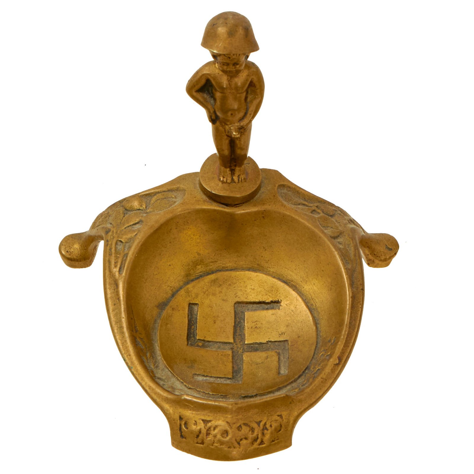 Buy Original U.S. WWII Belgian Bringback Brass Anti-NSDAP Ashtray Featuring The Manneken Pis peeing on Swas | Original Firearms Antique For Sale