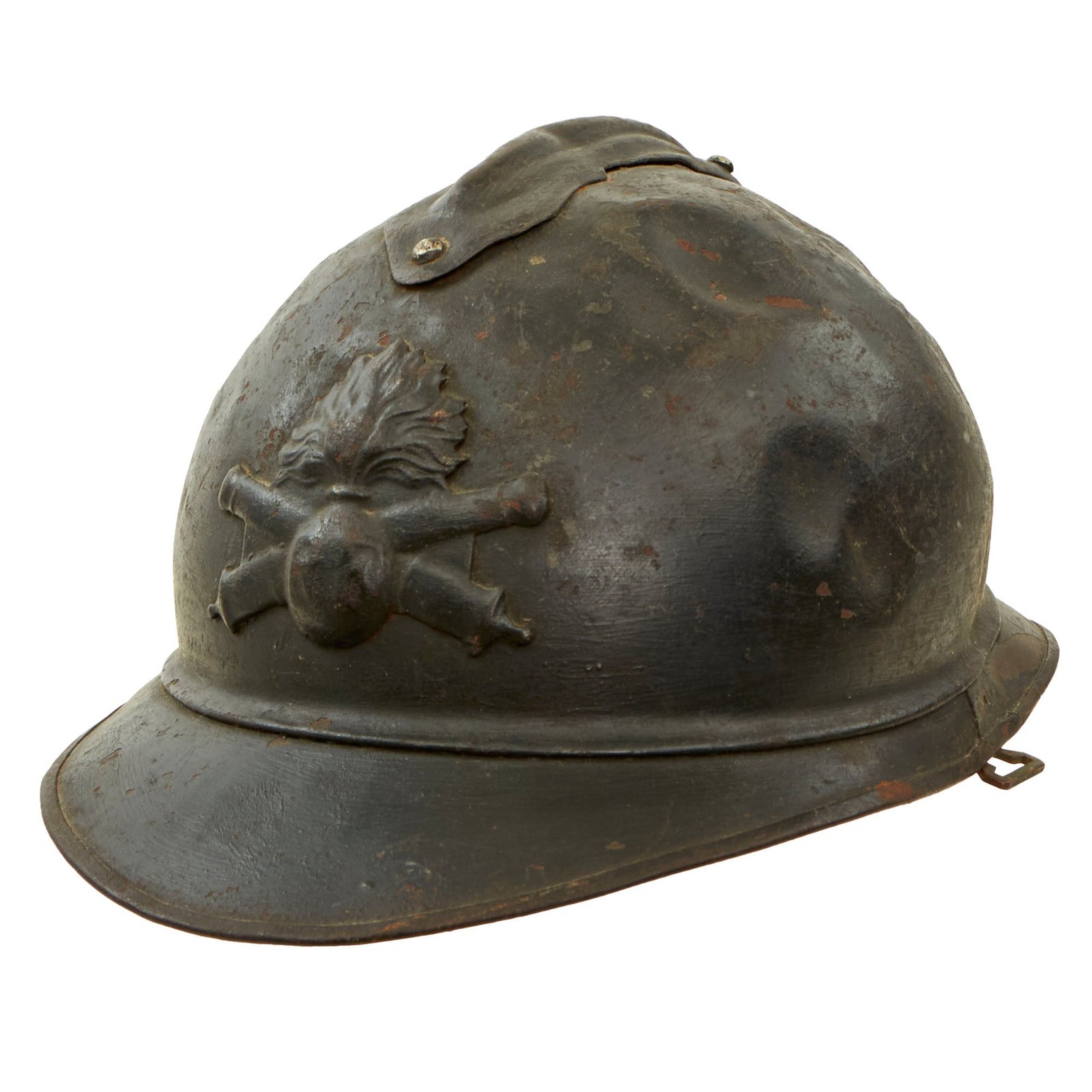 Buy Original French WWI Field-Modified Model 1915 Adrian Helmet in Horizon Blue with Artillery RF Badge 1st Pattern Liner - German Chinstrap Mounts Bent & Attached to Bales | Original Firearms Antique For Sale
