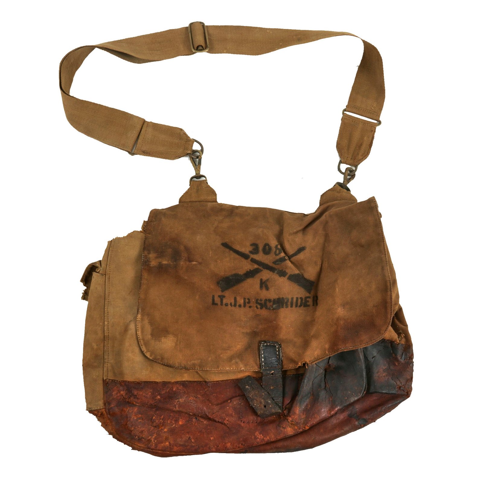 Buy Original U.S. WWI 308th Infantry Regiment 77th Liberty Division British-Made Officer’s Musette Bag Named to Lieutenant James P. Schrider | Original Firearms Antique For Sale