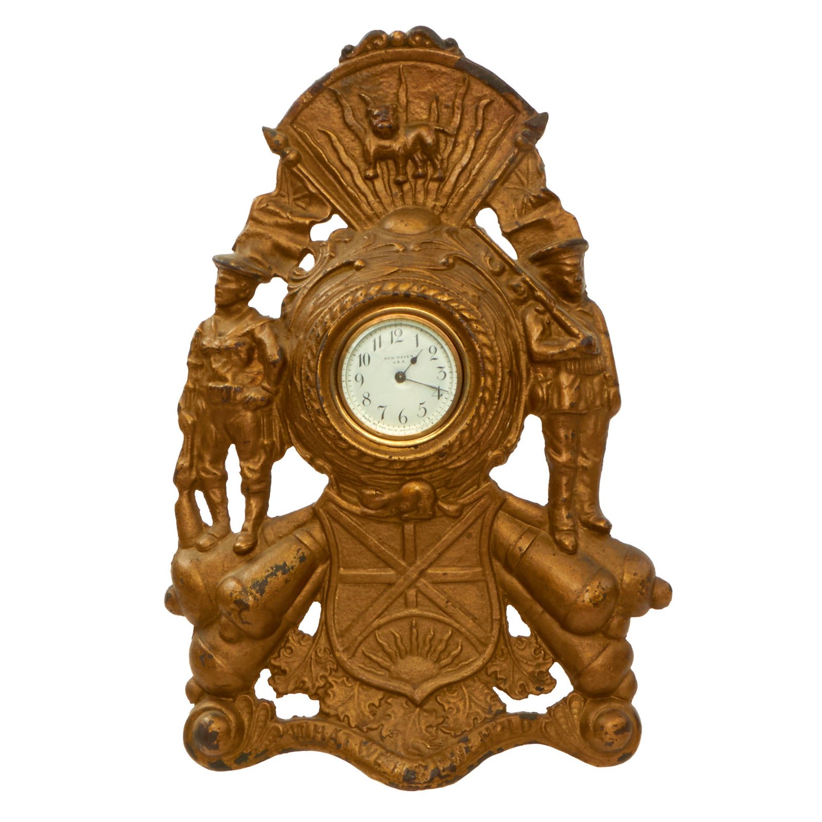 Buy Original U.S. WWI “What We Have We Hold” Patriotic Wind-Up Clock by New Haven Clock Company & Warner - Dated 1915 | Original Firearms Antique For Sale