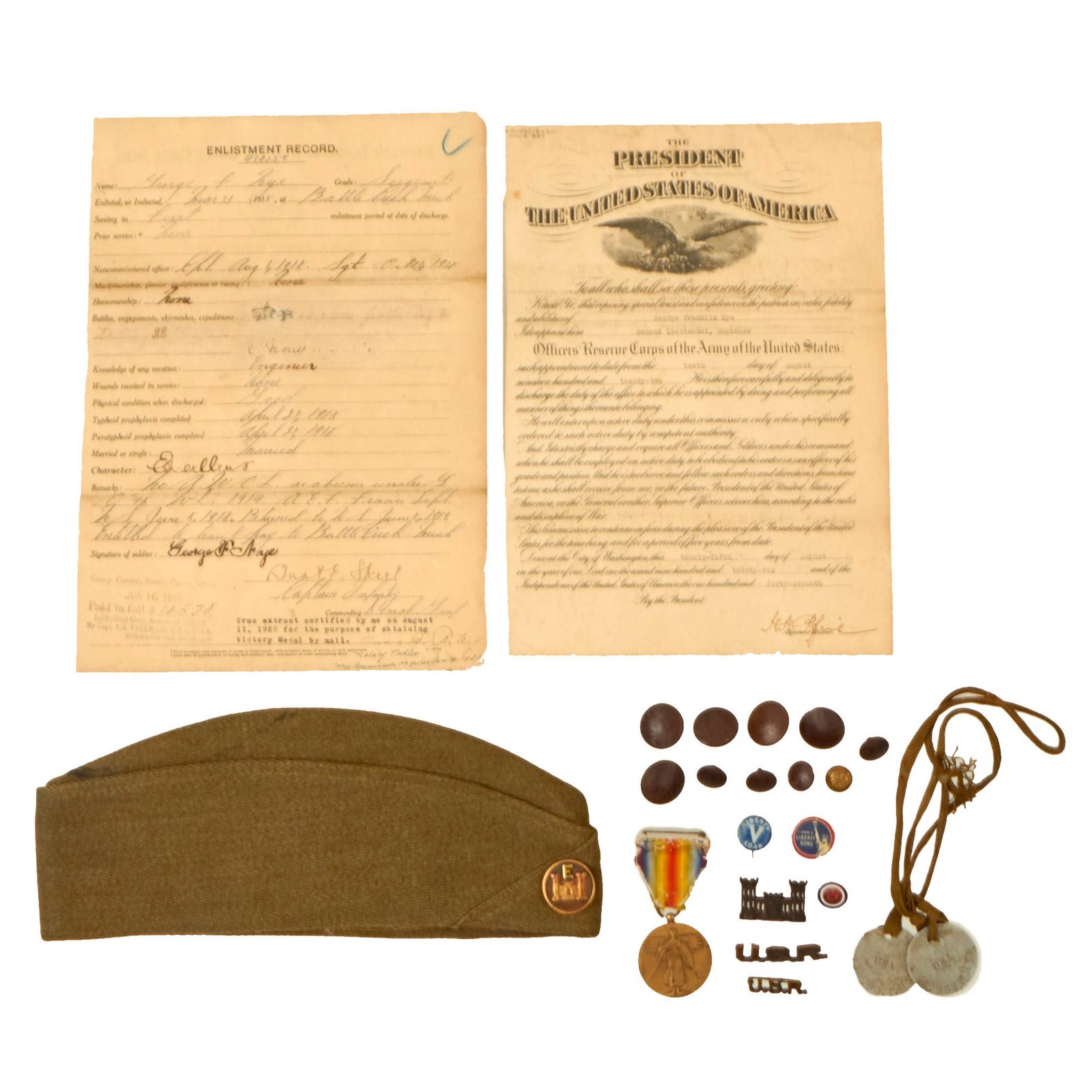Buy Original U.S. WWI 39th Engineer Regiment French-Made Overseas Cap & Dog Tag Group with Honorable Discharge & Insignia - George Franklin Nye | Original Firearms Antique For Sale
