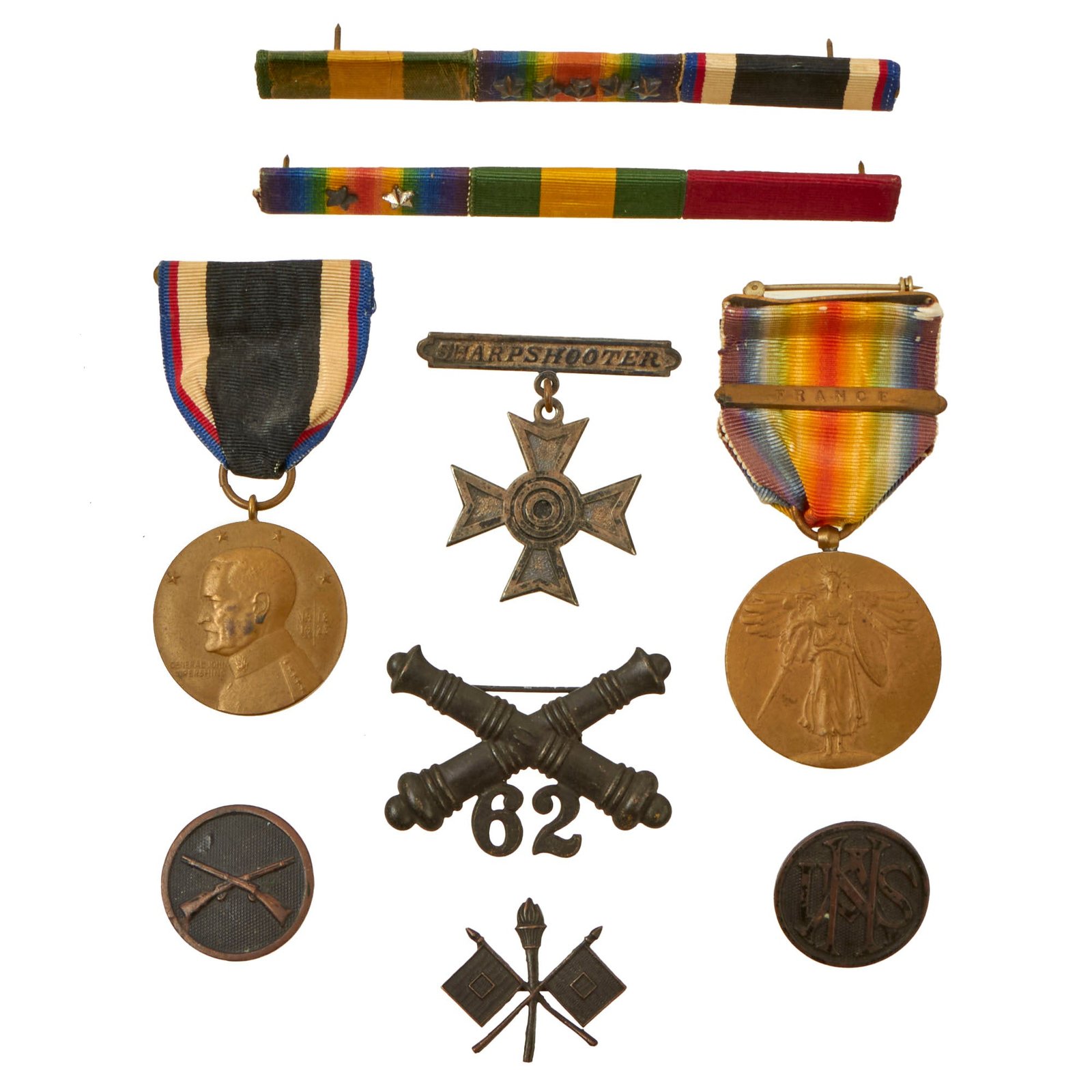 Buy Original U.S. WWI Era Medal & Insignia Lot with Ribbon Bars & Collar Discs - 8 Items Total | Original Firearms Antique For Sale