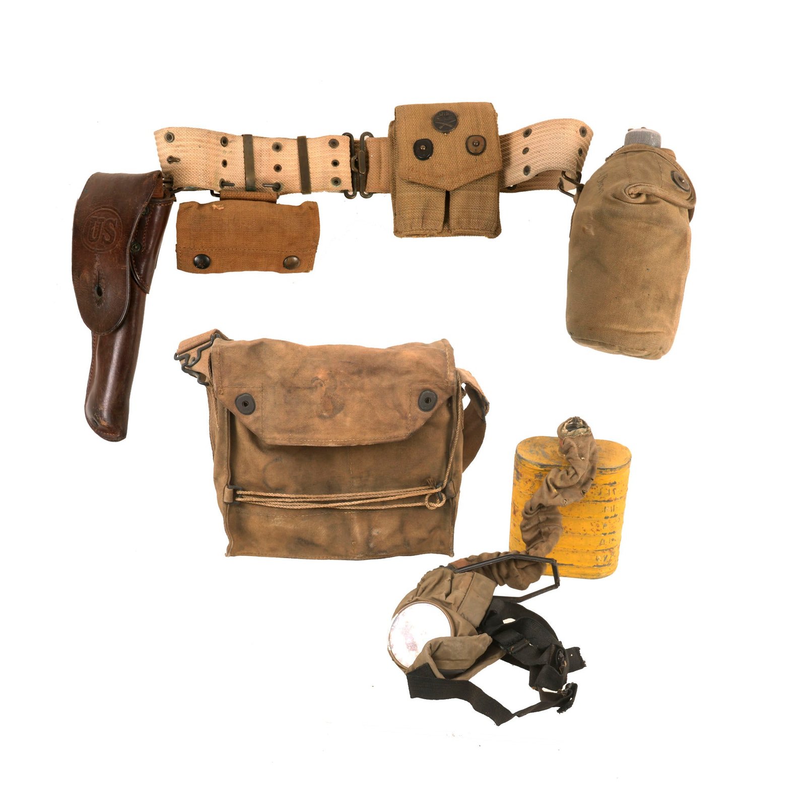 Buy Original U.S. WWI M1910 Pistol Belt with M1911 Holster & First Aid Pouch with Corrected English Type Box Respirator Gas Mask | Original Firearms Antique For Sale