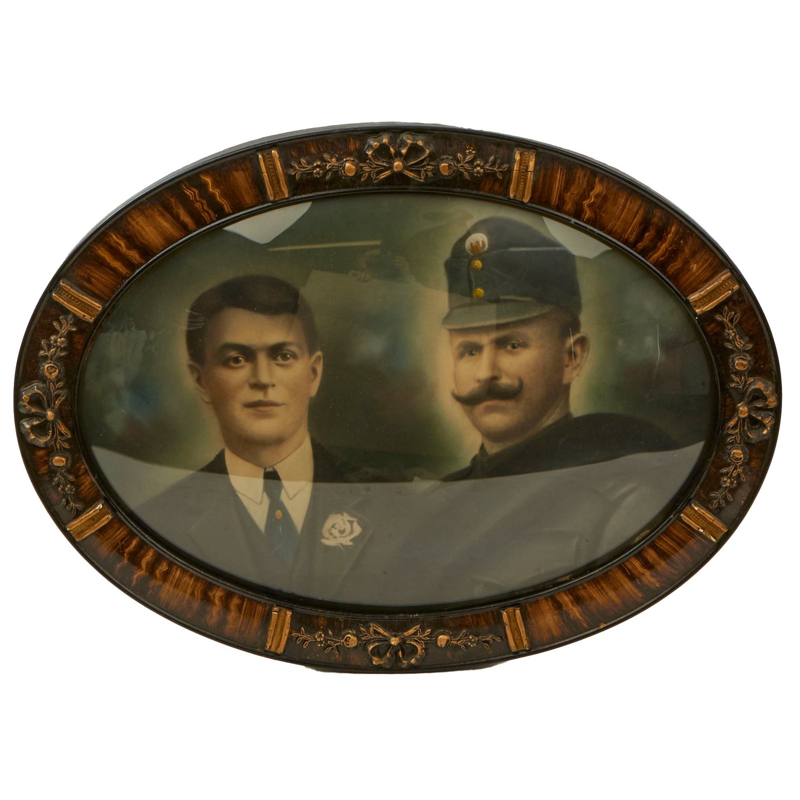 Buy Original Austro-Hungarian WWI Studio Portrait of Soldier & Family Member in Bubble Frame with Possible Identification on Reverse - Paul Mankowski - 17 x 23” | Original Firearms Antique For Sale
