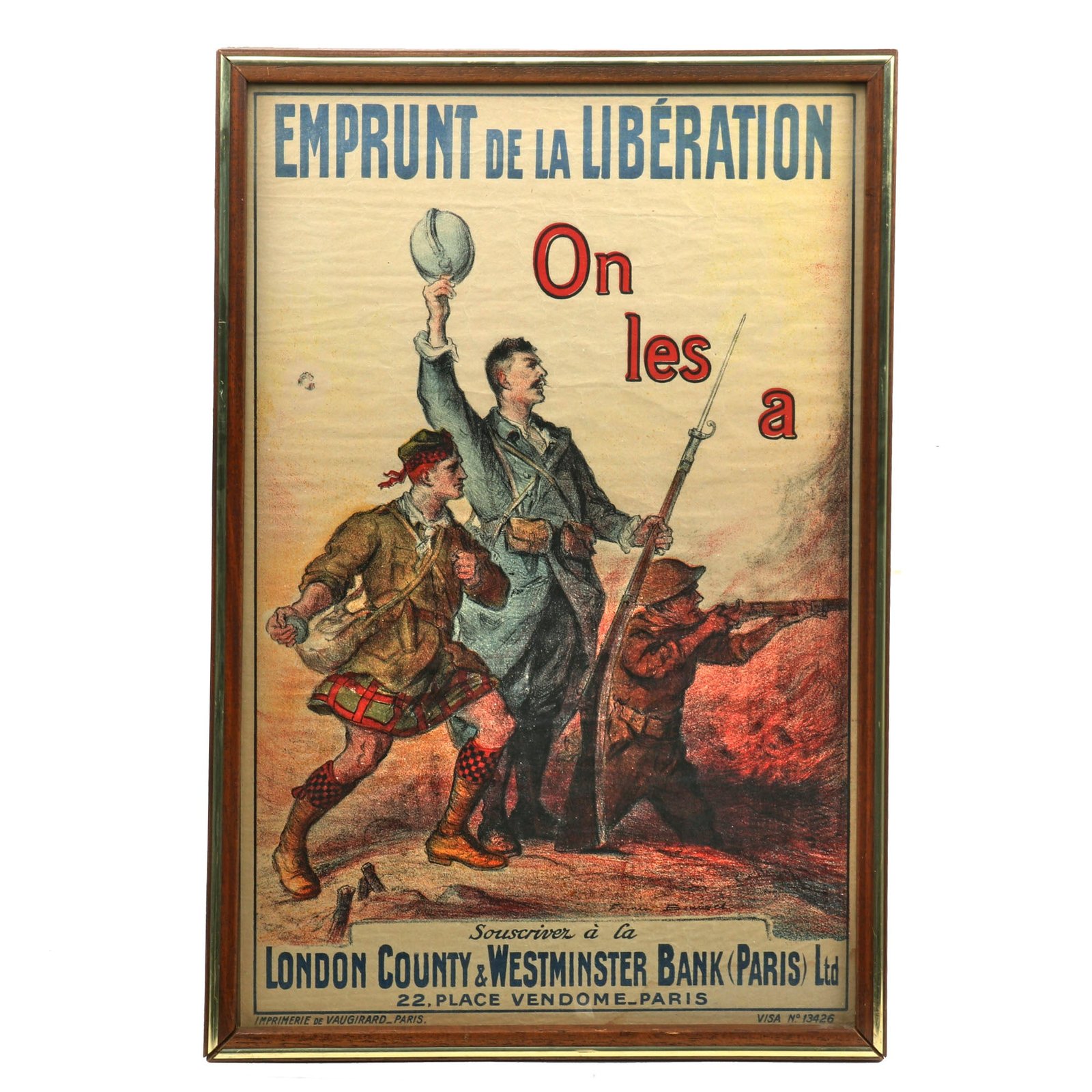 Buy Original French WWI “Emprunt de la Libération” Liberation Loan Poster with British & American Soldier Poster - 16½ x 24” | Original Firearms Antique For Sale