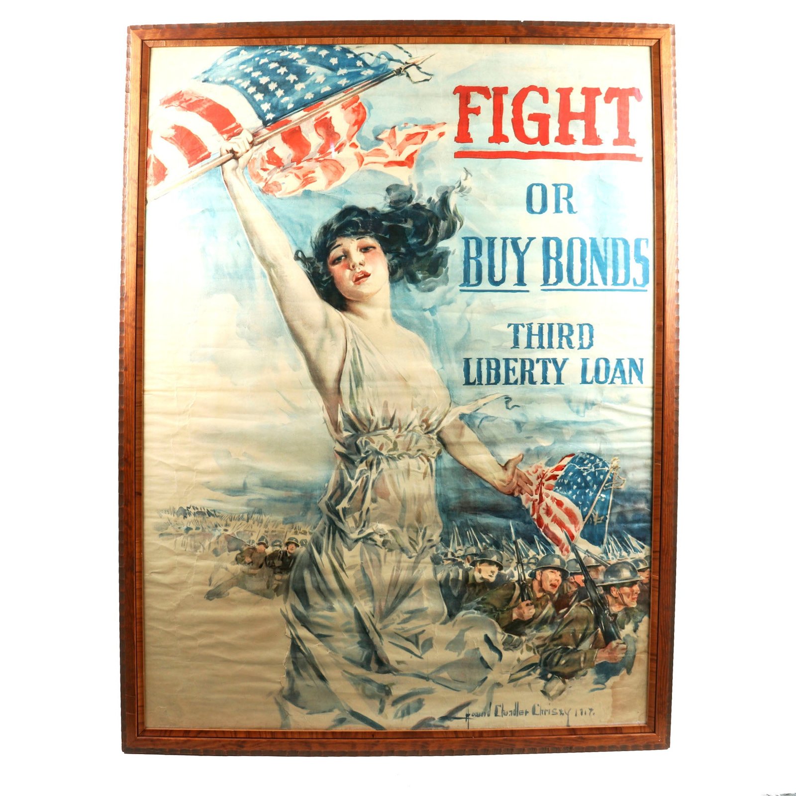 Buy Original U.S. WWI Rare Framed “Fight or Buy Bonds” Third Liberty Loan Poster by Howard Chandler Christy - 31½ x 41½” | Original Firearms Antique For Sale