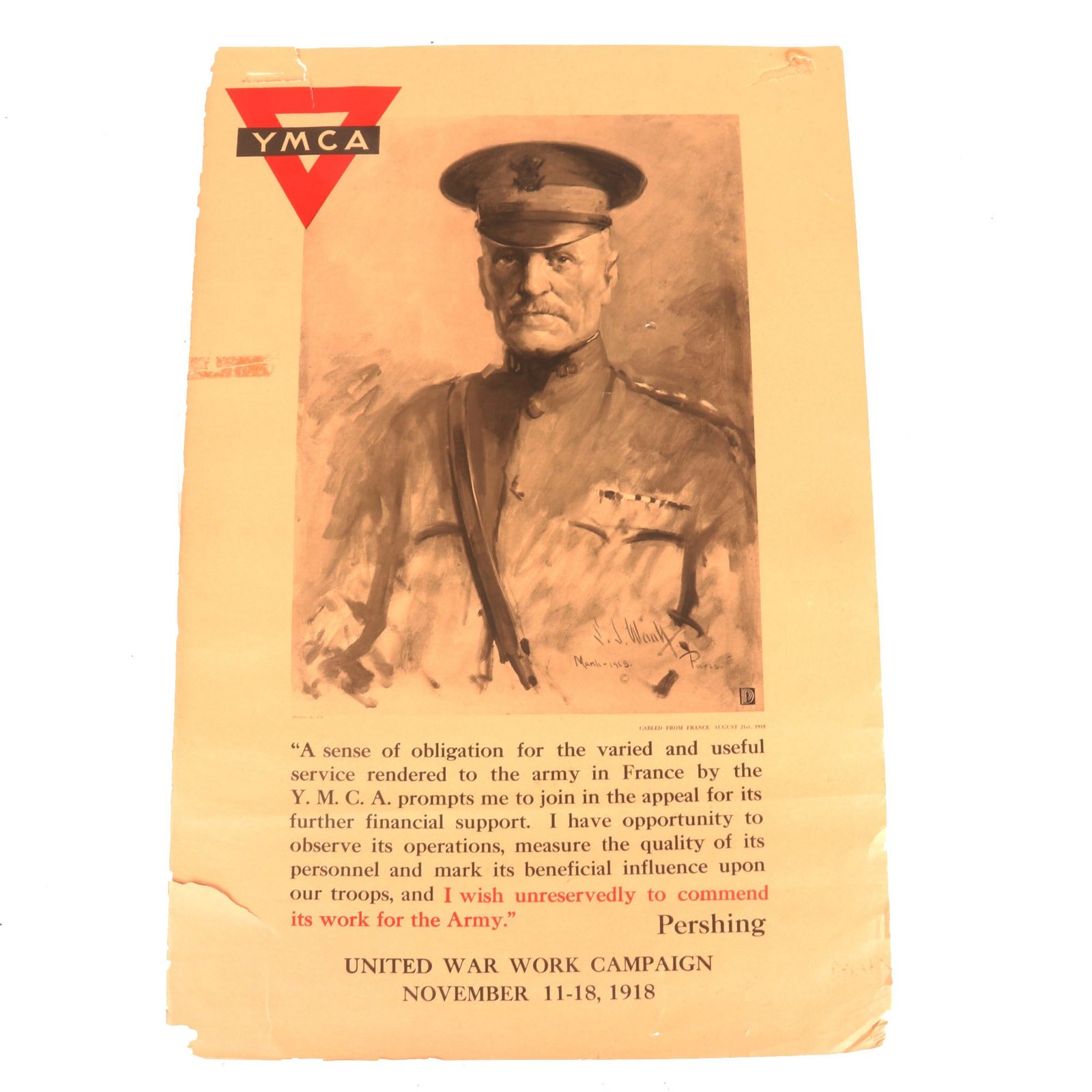 Buy Original U.S. WWI General Pershing YMCA United War Work Campaign Poster - 22 x 33” | Original Firearms Antique For Sale
