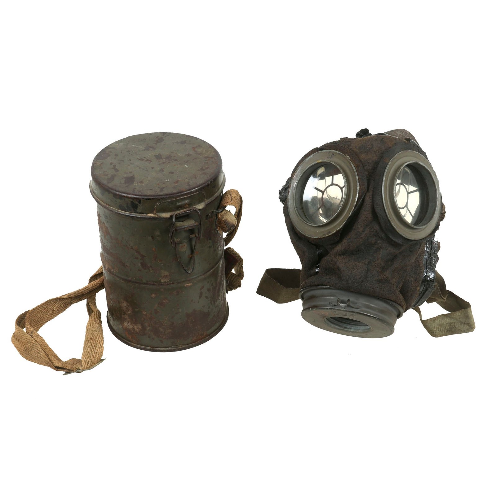 Buy Original Imperial German WWI M1917 Ledermaske Gas Mask & Canister with Rare Ersatz Paper-Cloth Carrying Strap - Missing Filter | Original Firearms Antique For Sale