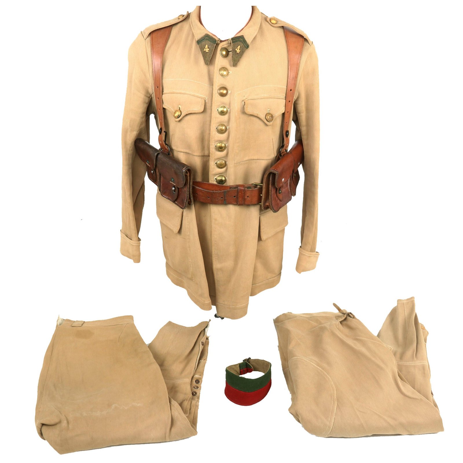 Buy Original French WWI Era Named Foreign Legion Corduroy Uniform by L. Arraou of Paris with Armband & Two Sets of Breeches with Y Strap Rig - 4th Regiment | Original Firearms Antique For Sale
