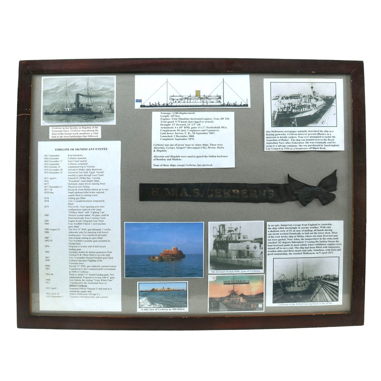 Buy Original Australian WWI Era Framed HMAS Cerberus Cap Tally with History of Ship - 17½ x 21½” | Original Firearms Antique For Sale
