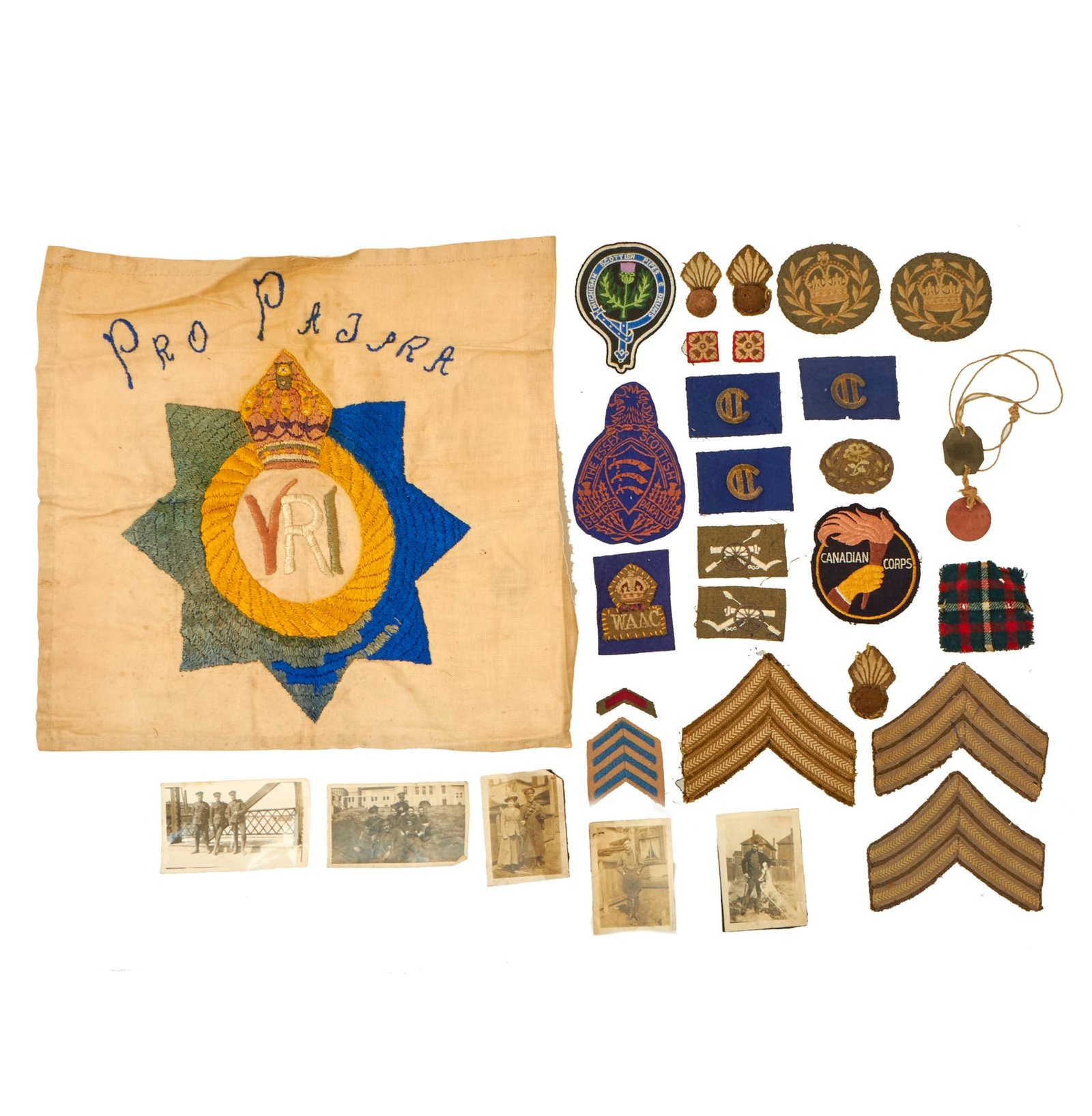 Buy Original Canadian WWI Era Patch Collection with Dog Tag Set, Photos, & Large Embroidered Royal Canadian Regiment Insignia - 30 Items Total | Original Firearms Antique For Sale