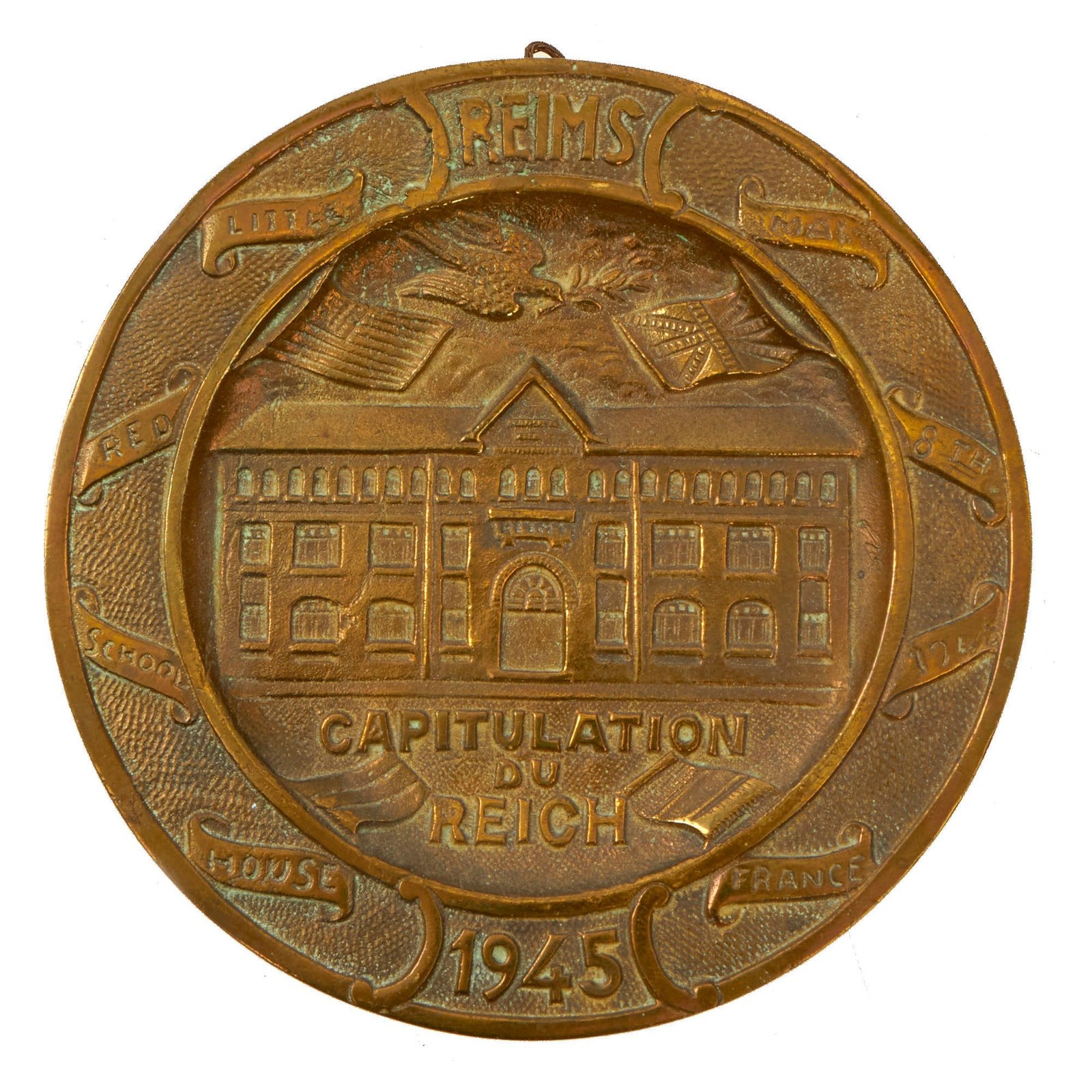 Buy Original U.S. WWII Reims Capitulation German Surrender Commemorative Brass Plate marked DÉPOSÉ | Original Firearms Antique For Sale