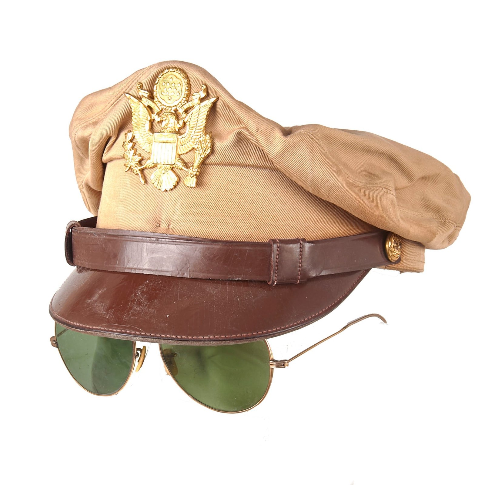 Buy Original U.S. WWII Officer’s Khaki Visor Cap by Imperial with Aviator Sunglasses - Size 7 ⅛ | Original Firearms Antique For Sale